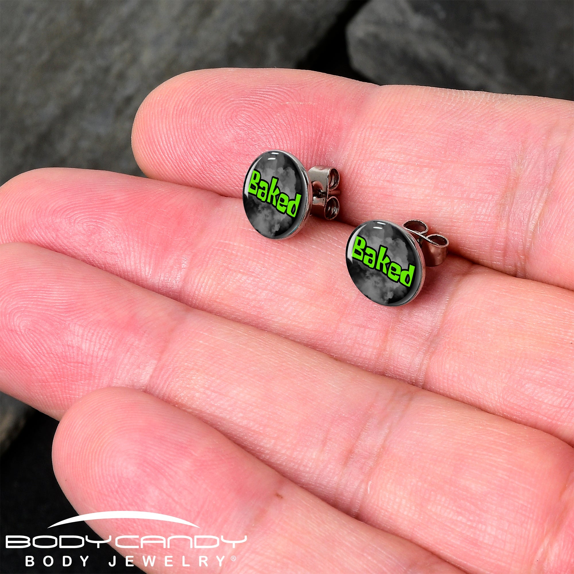 BodyCandy Logo Baked Stoner Stud Earrings by Onyx O — detail close-up