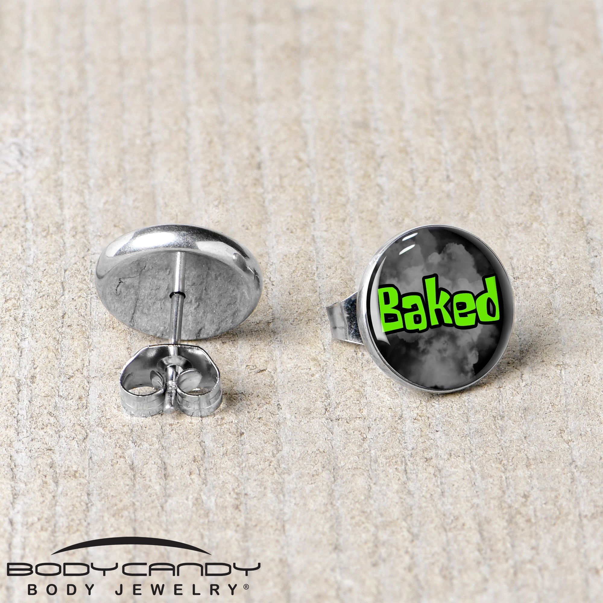BodyCandy Logo Baked Stoner Stud Earrings by Onyx O — back view