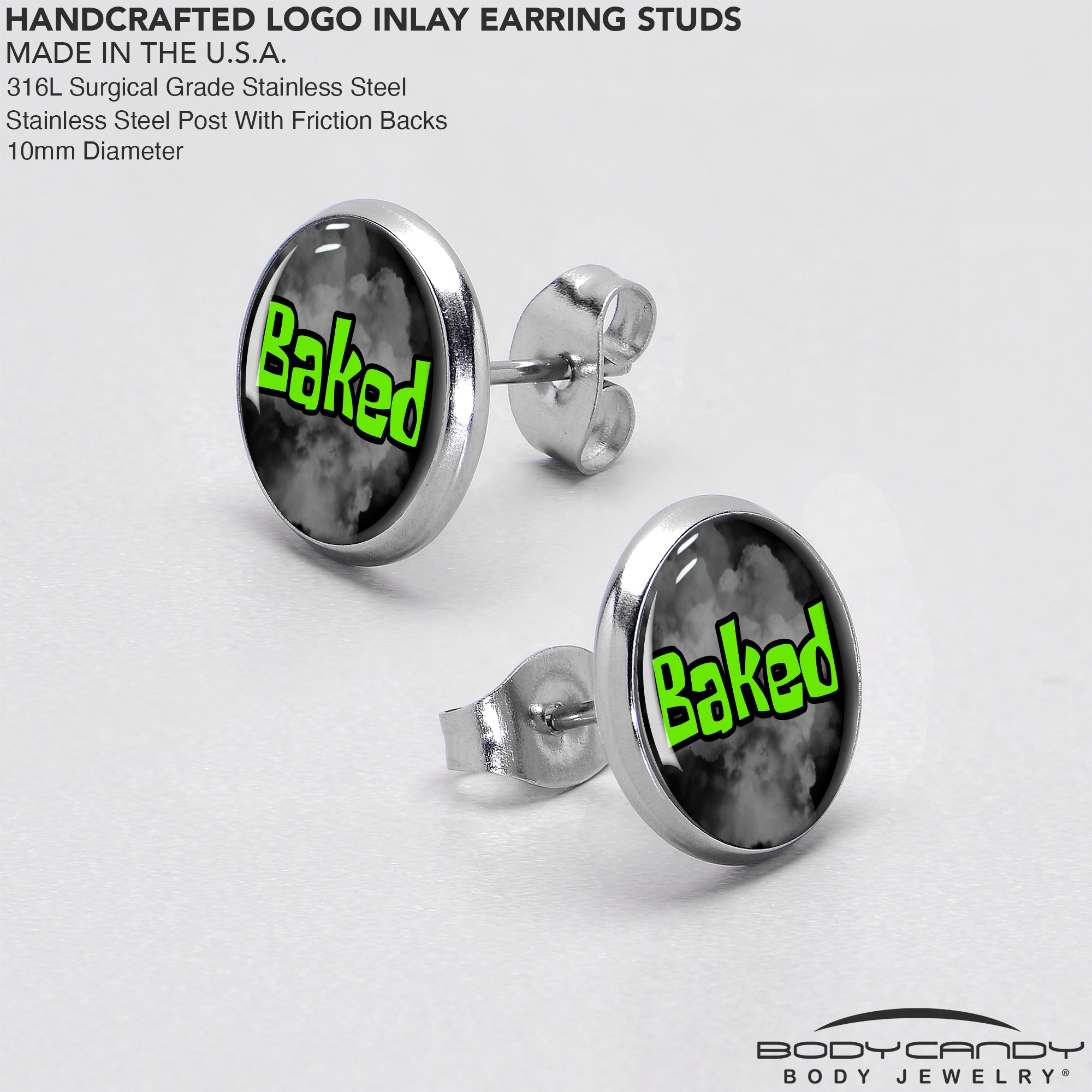BodyCandy Logo Baked Stoner Stud Earrings by Onyx O — in-use photo
