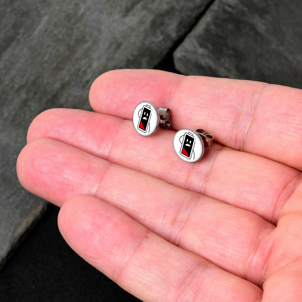 BodyCandy Battery Empty Stud Earrings by Onyx O — detail close-up