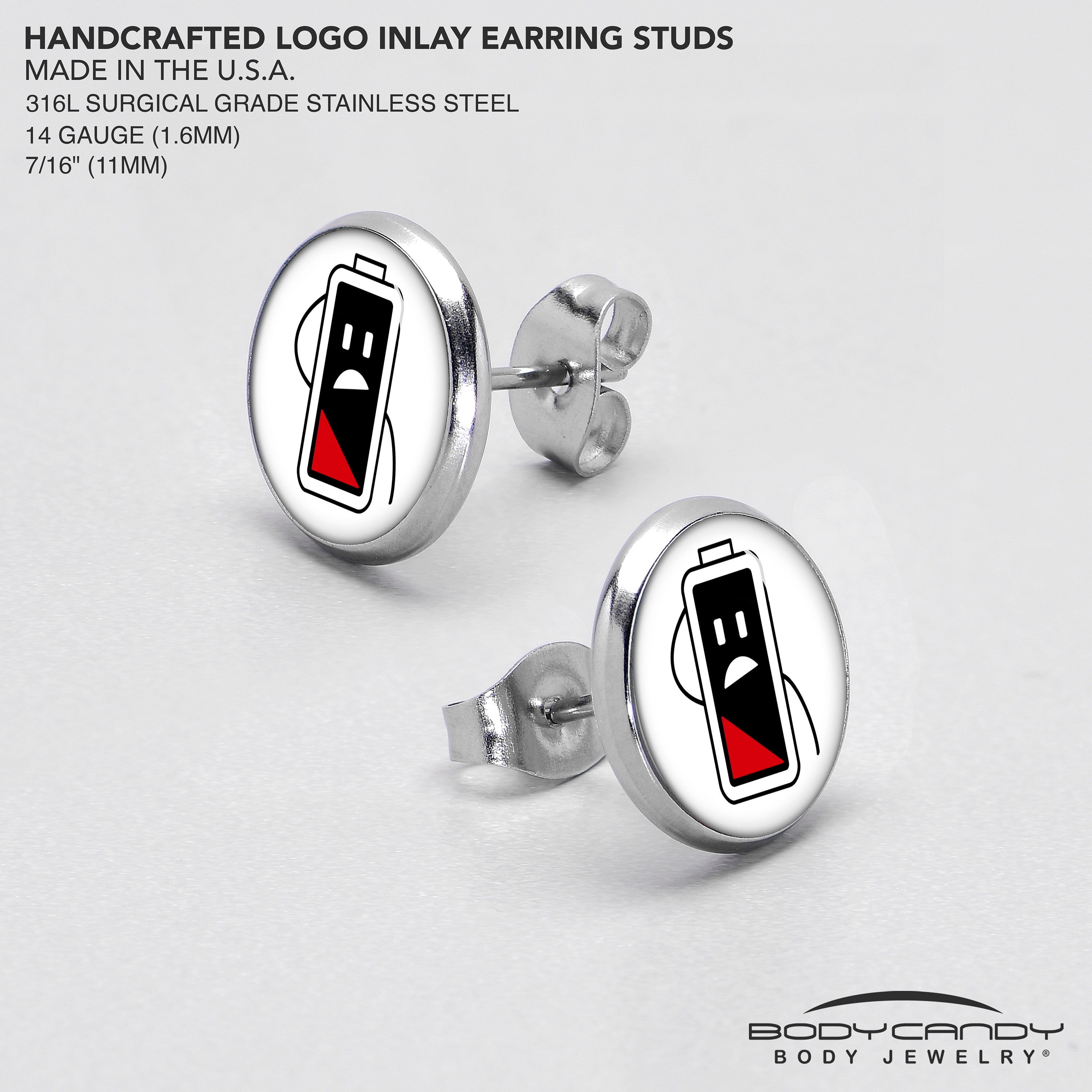 BodyCandy Battery Empty Stud Earrings by Onyx O — in-use photo