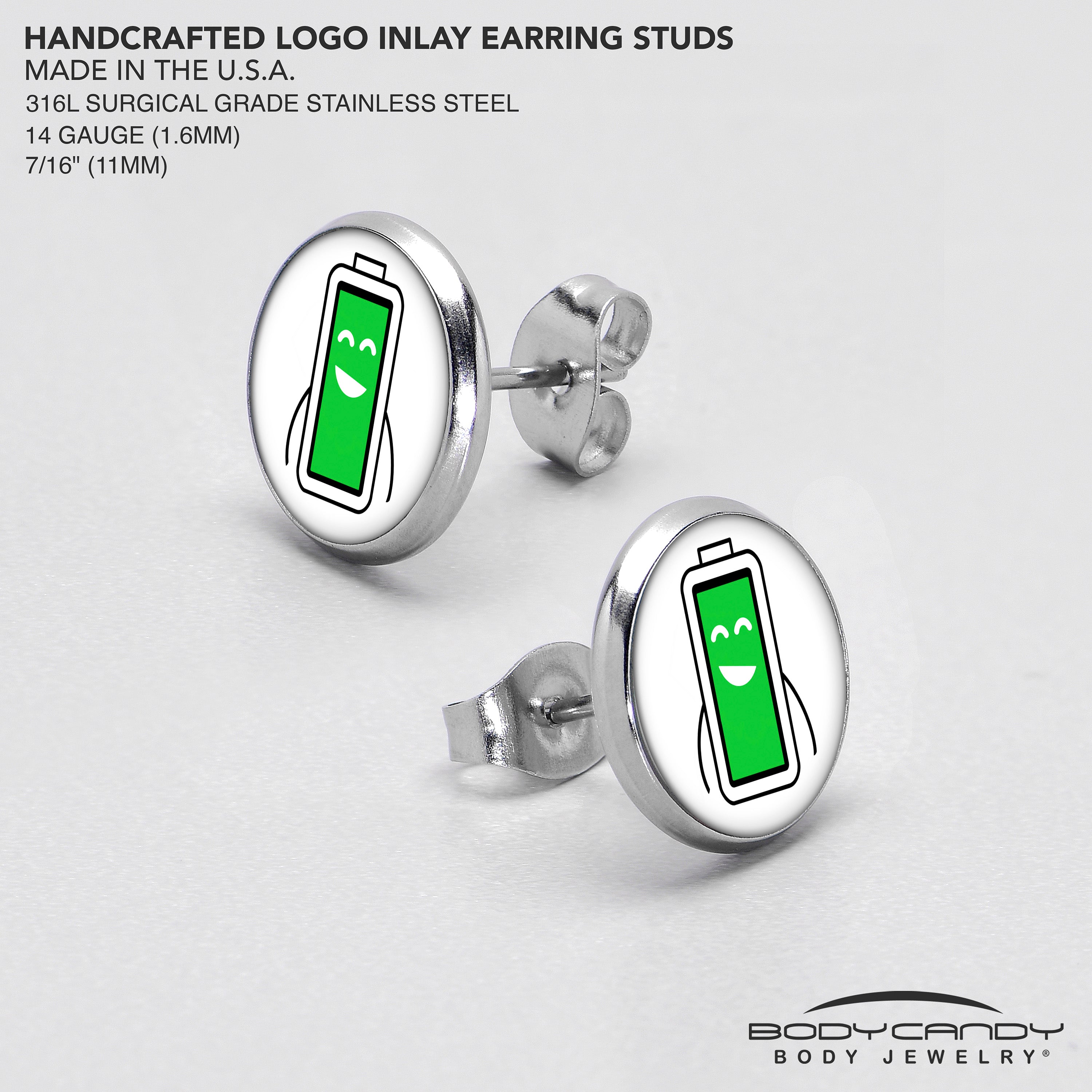 BodyCandy Battery Full Stud Earrings by Onyx O — in-use photo