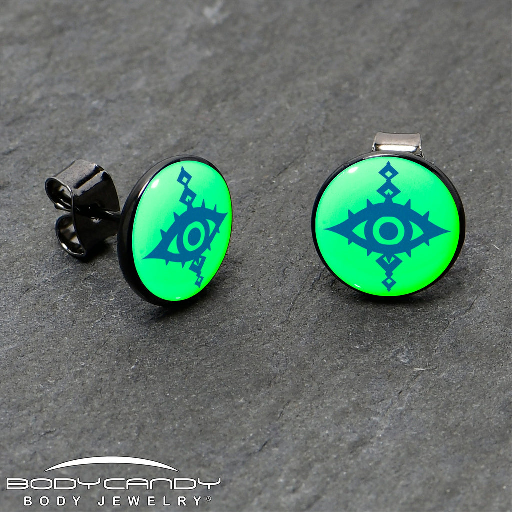 BodyCandy Black Anodized Evil Eye Glow in the Dark Stud Earrings by Onyx O — side view