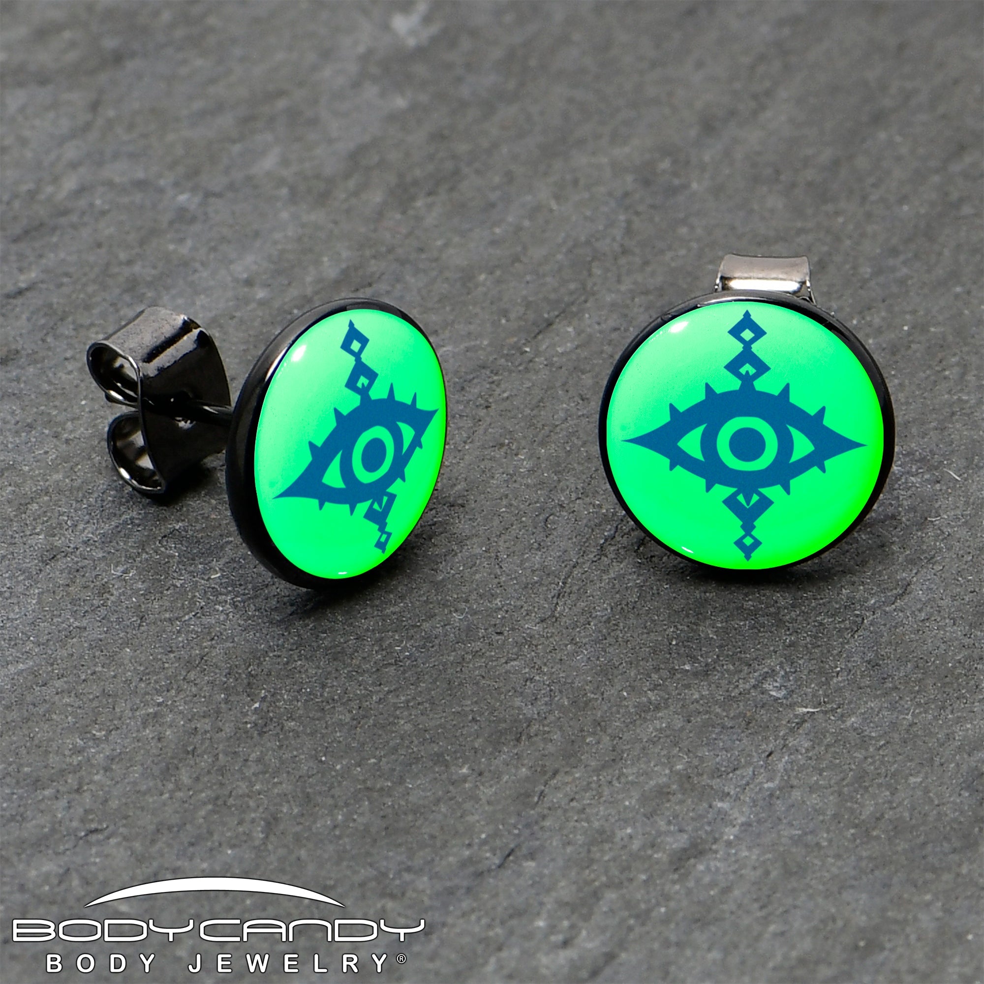 BodyCandy Black Anodized Evil Eye Glow in the Dark Stud Earrings by Onyx O — side view