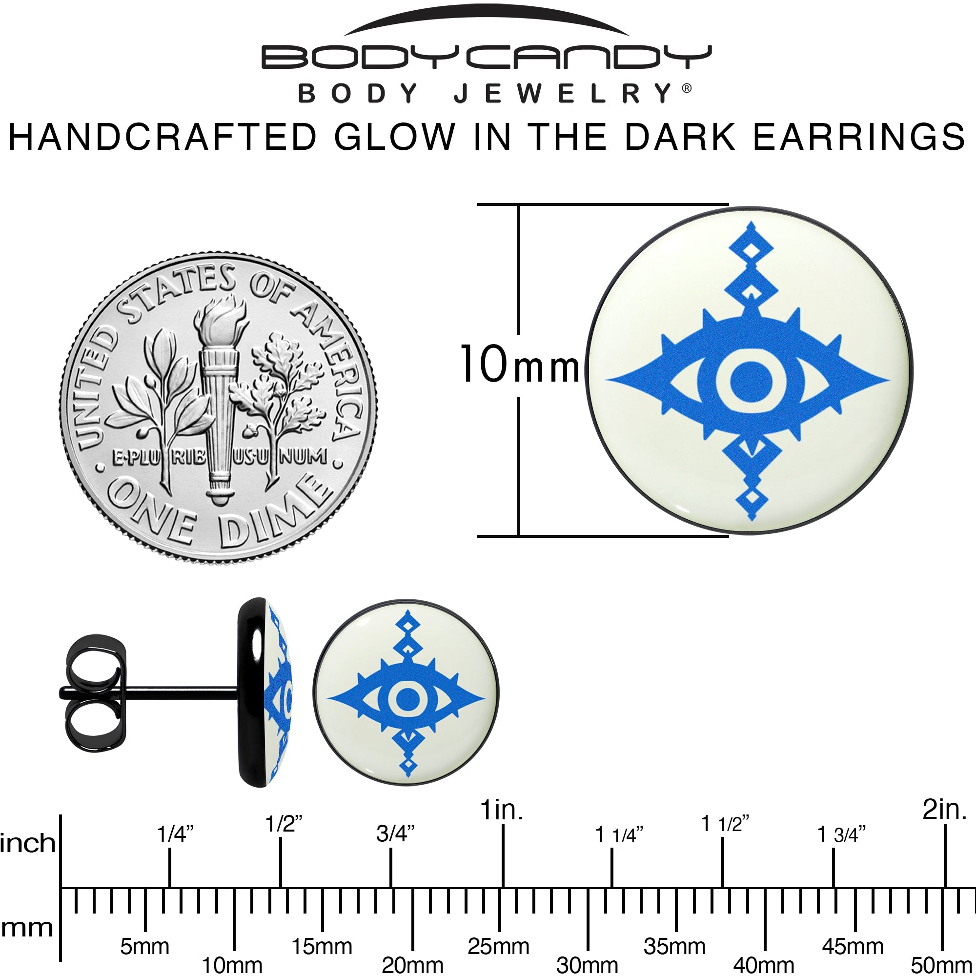 BodyCandy Black Anodized Evil Eye Glow in the Dark Stud Earrings by Onyx O — alternative angle