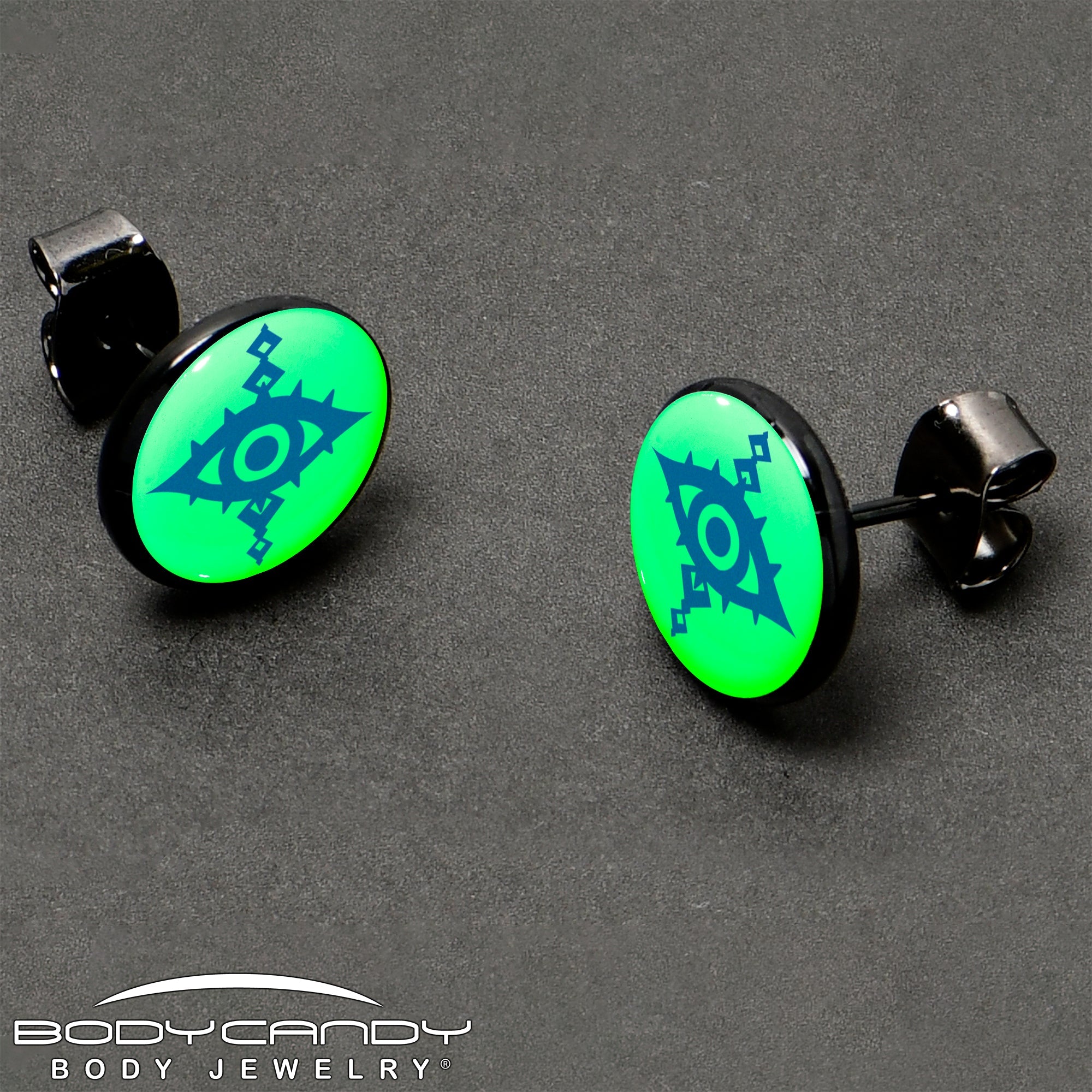 BodyCandy Black Anodized Evil Eye Glow in the Dark Stud Earrings by Onyx O — size reference