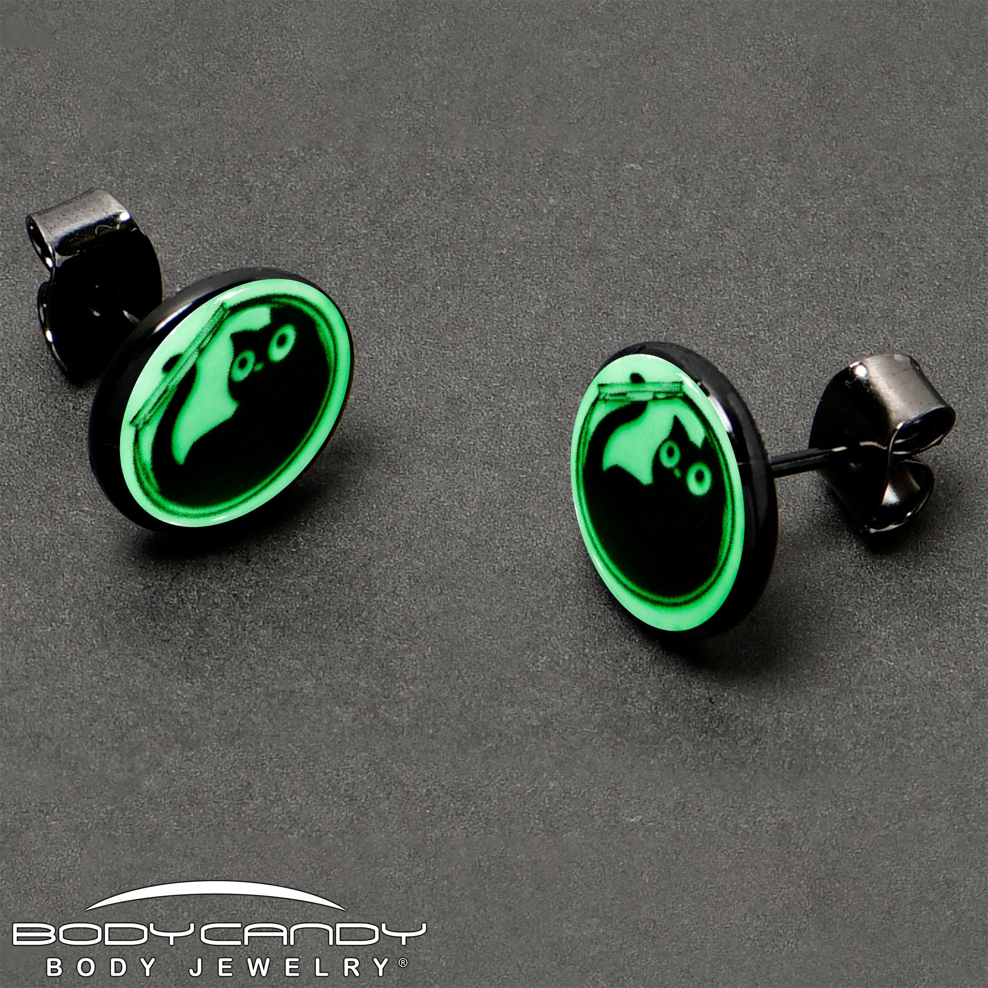 BodyCandy Fishbowl Kitty Cat Glow in the Dark Stud Earrings by Onyx O — color detail