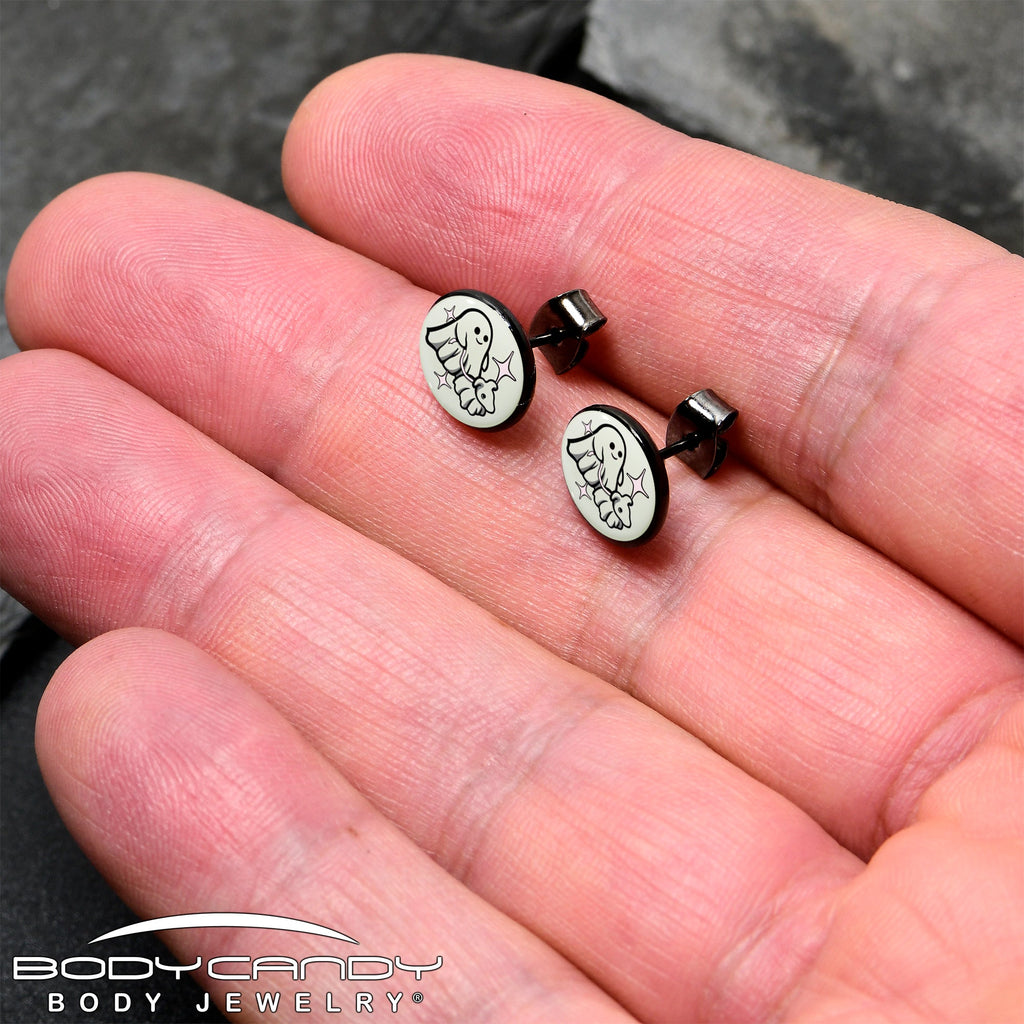 BodyCandy Black Anodized Halloween Ghost Dog Walker Glow in the Dark Stud Earrings by Onyx O — detail close-up
