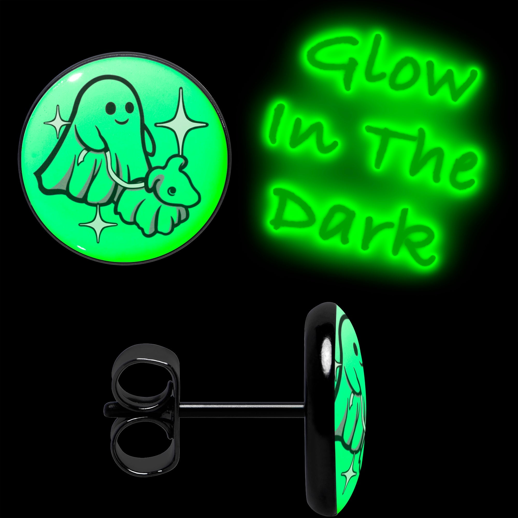 BodyCandy Black Anodized Halloween Ghost Dog Walker Glow in the Dark Stud Earrings by Onyx O — lifestyle context