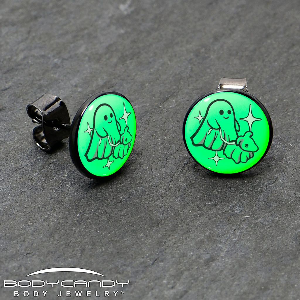 BodyCandy Black Anodized Halloween Ghost Dog Walker Glow in the Dark Stud Earrings by Onyx O — side view