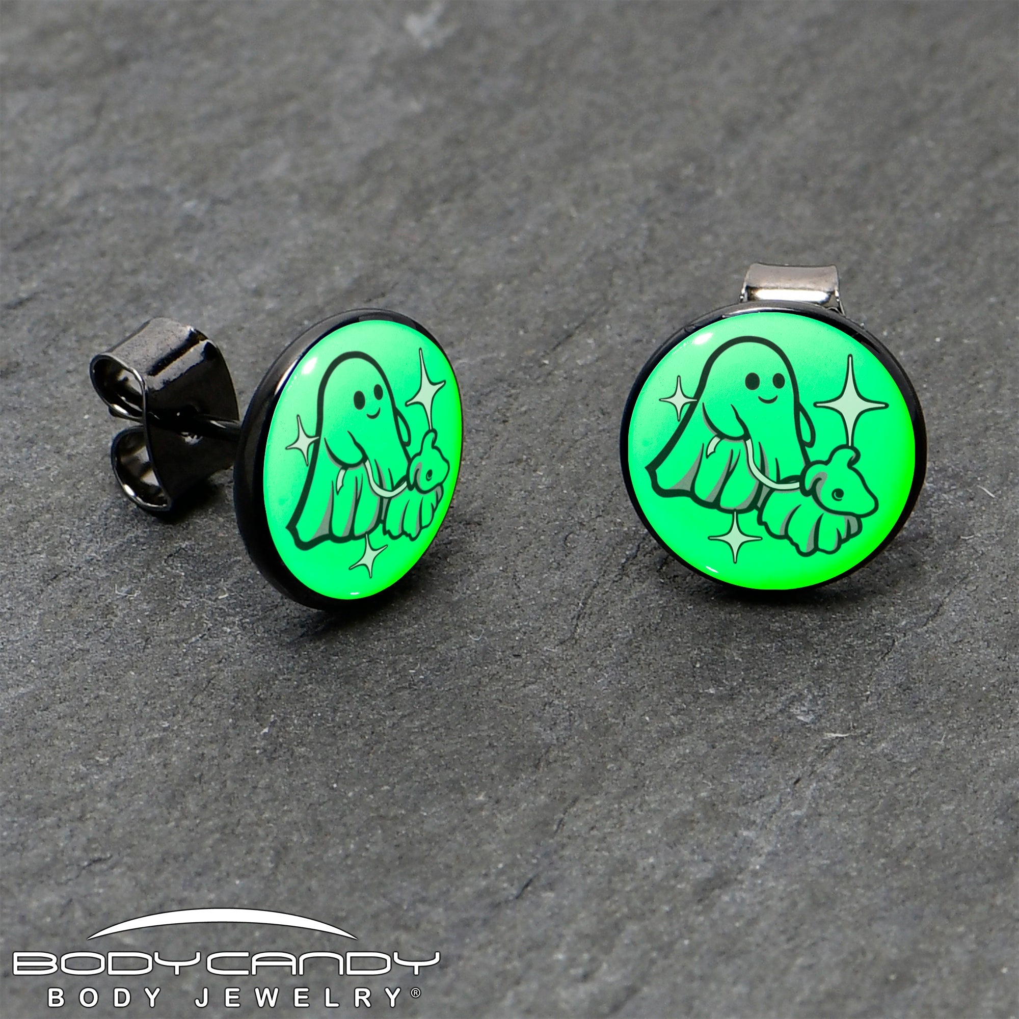BodyCandy Black Anodized Halloween Ghost Dog Walker Glow in the Dark Stud Earrings by Onyx O — side view