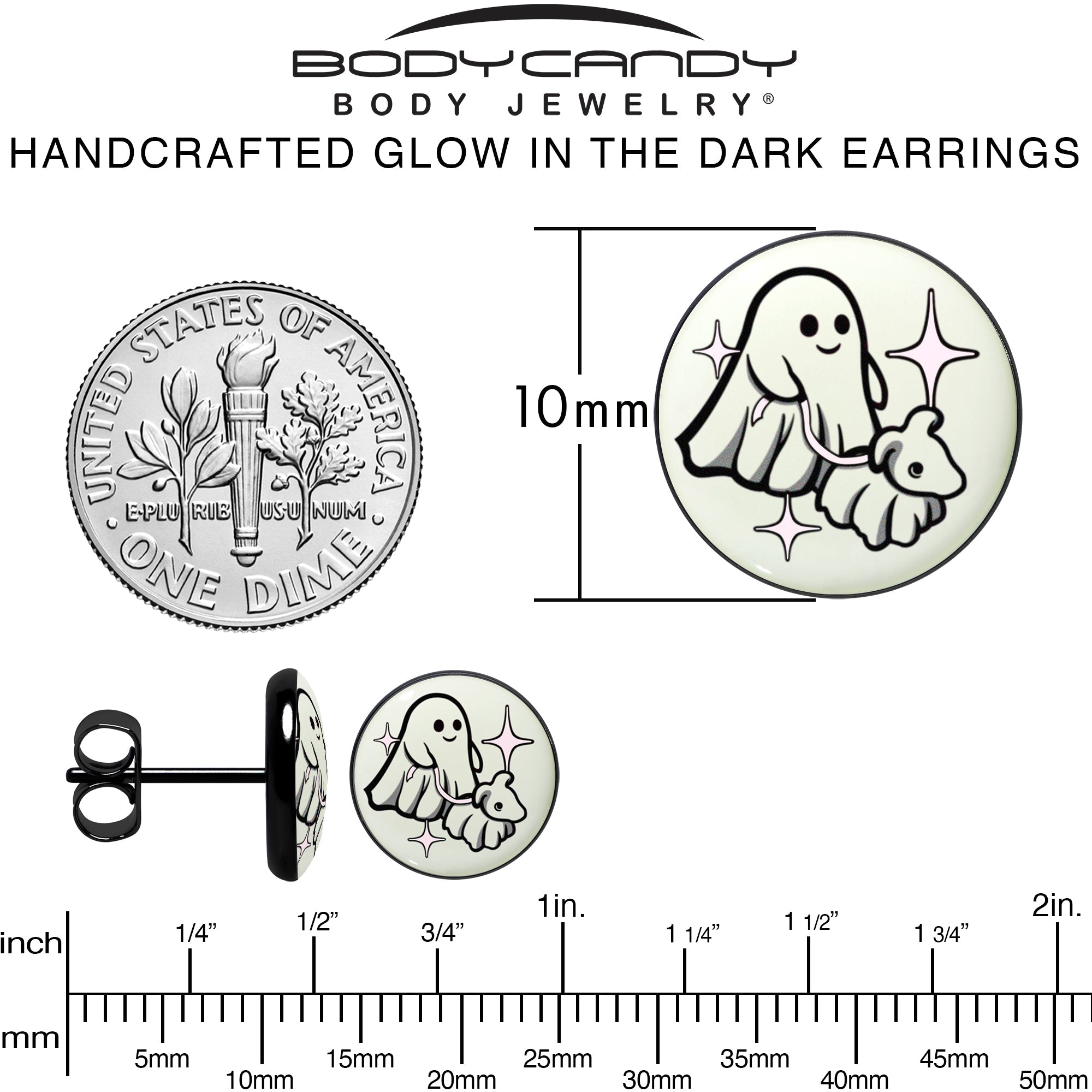 BodyCandy Black Anodized Halloween Ghost Dog Walker Glow in the Dark Stud Earrings by Onyx O — alternative angle