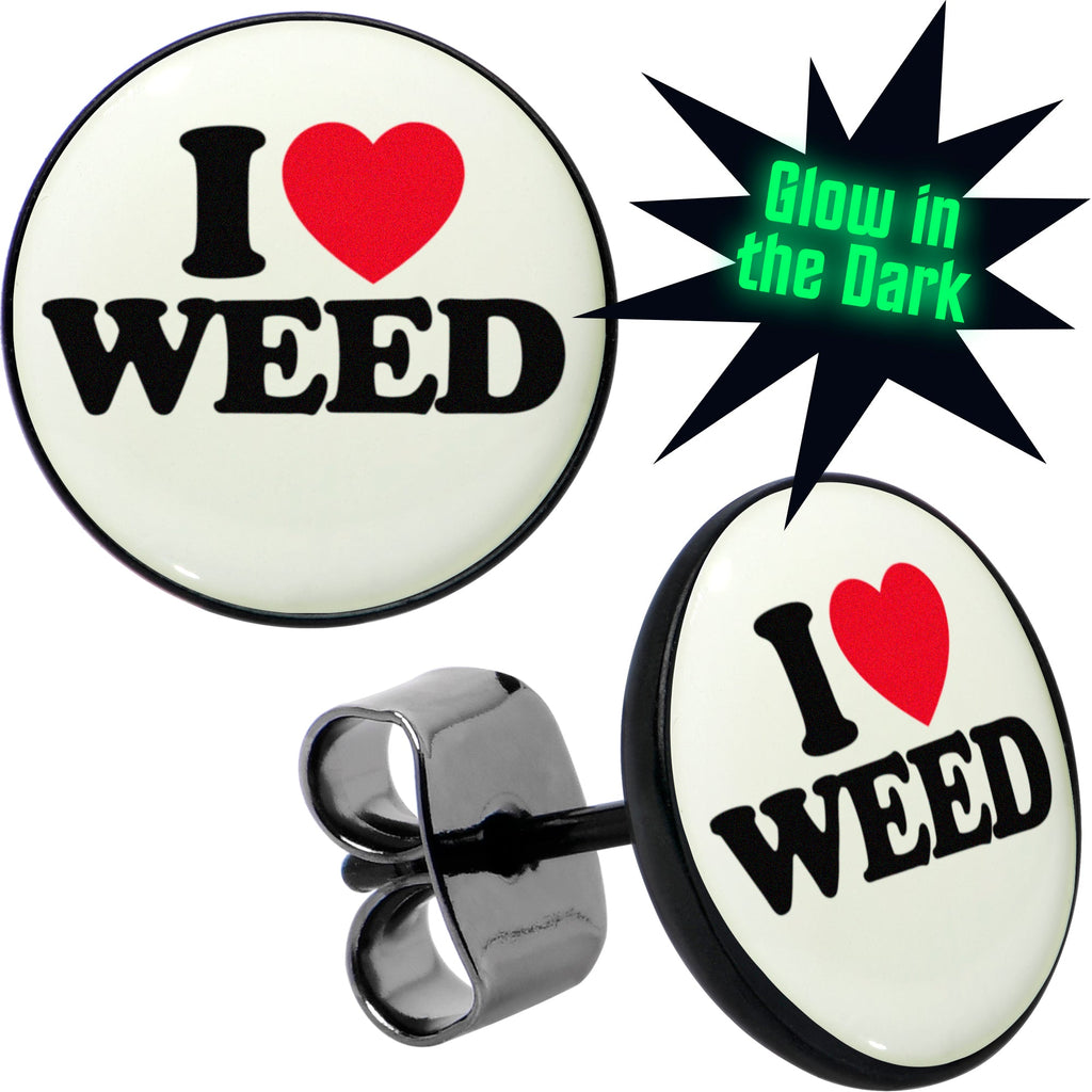 BodyCandy Black Anodized I Love Weed Glow in the Dark Stud Earrings by Onyx O — main product shot
