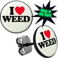 BodyCandy Black Anodized I Love Weed Glow in the Dark Stud Earrings by Onyx O — main product shot