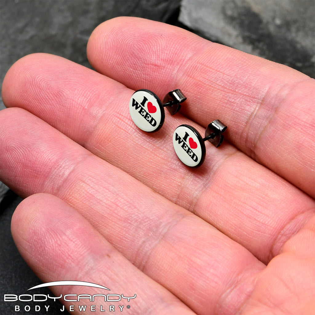 BodyCandy Black Anodized I Love Weed Glow in the Dark Stud Earrings by Onyx O — detail close-up