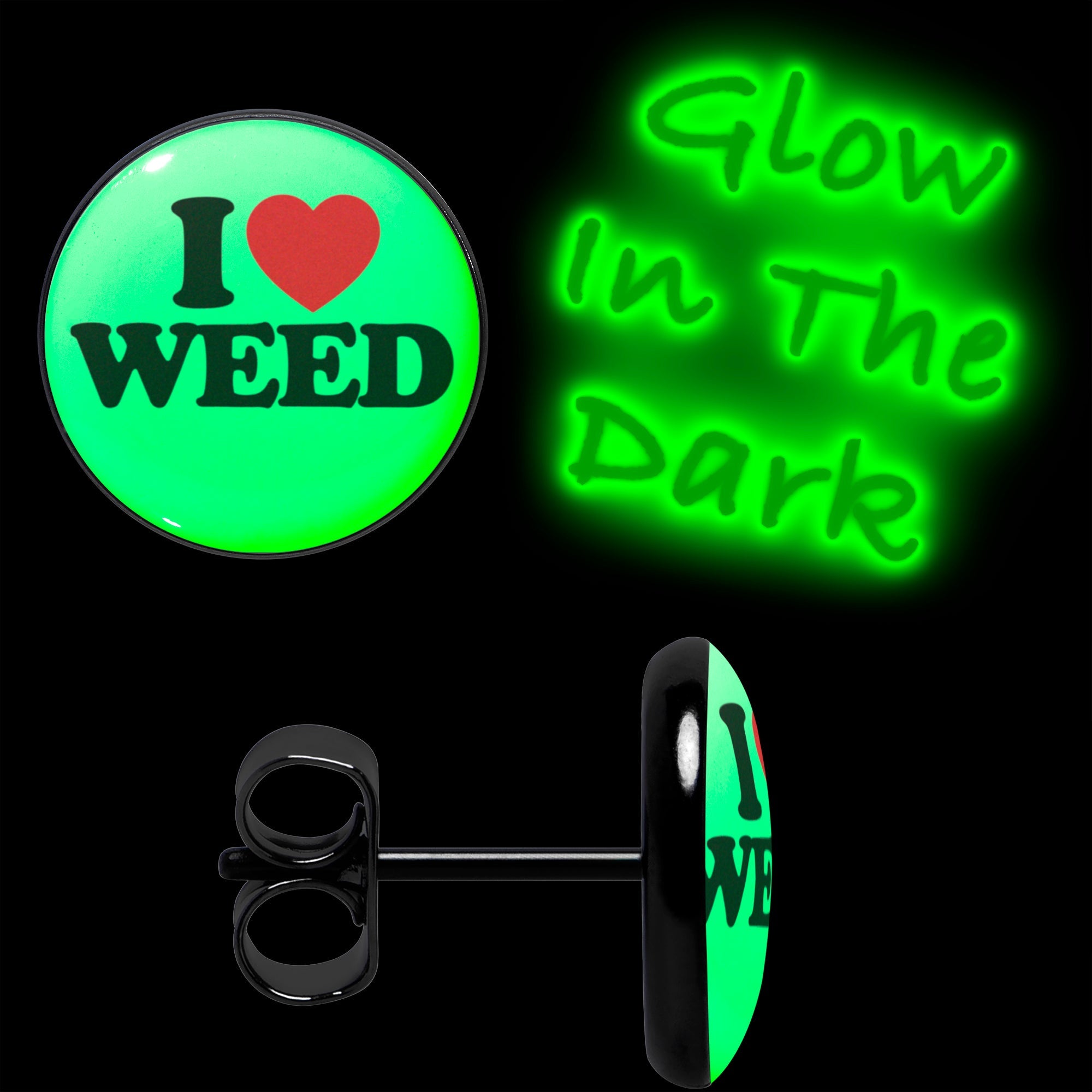 BodyCandy Black Anodized I Love Weed Glow in the Dark Stud Earrings by Onyx O — lifestyle context