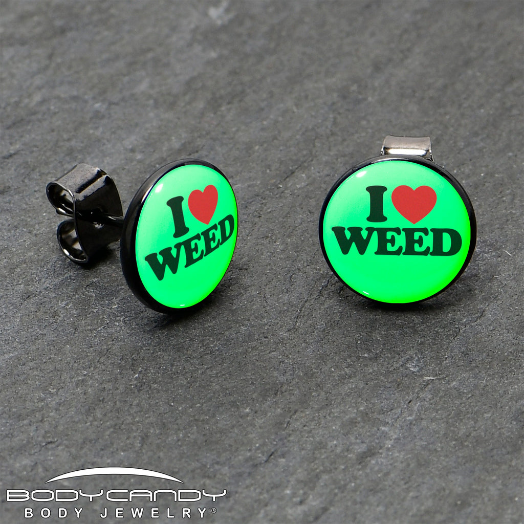 BodyCandy Black Anodized I Love Weed Glow in the Dark Stud Earrings by Onyx O — side view