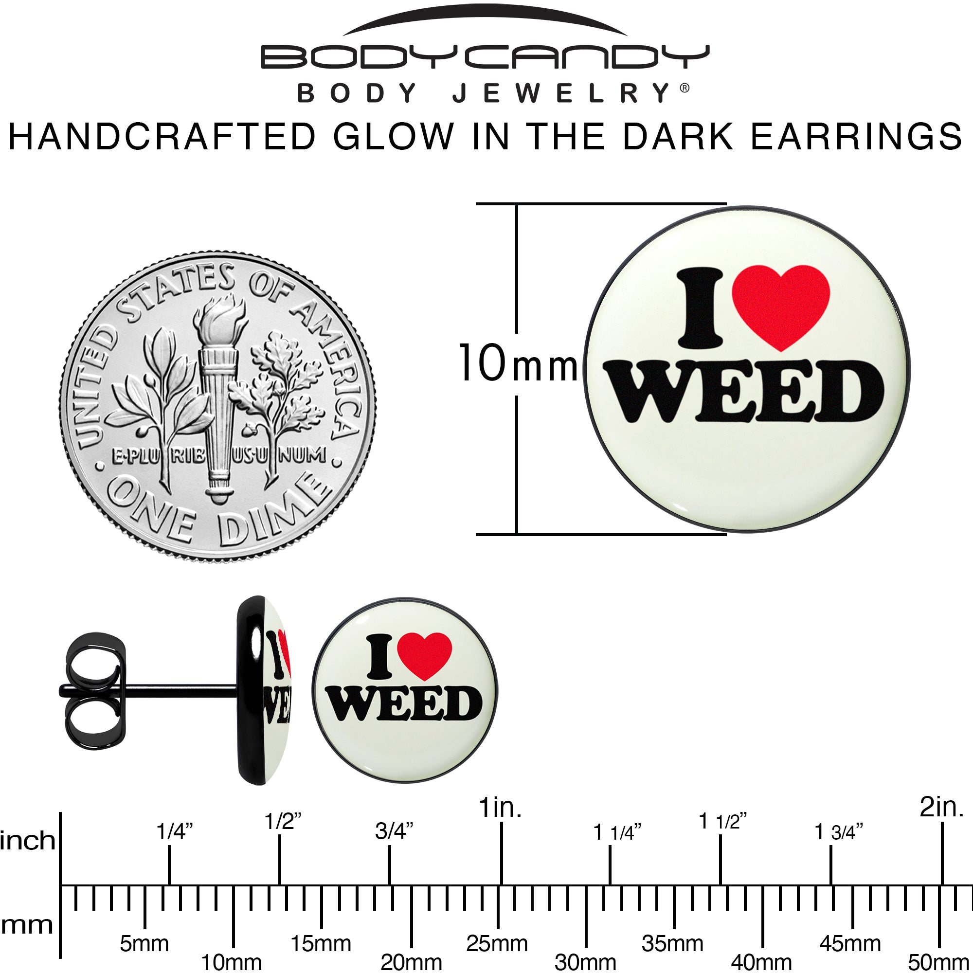BodyCandy Black Anodized I Love Weed Glow in the Dark Stud Earrings by Onyx O — alternative angle