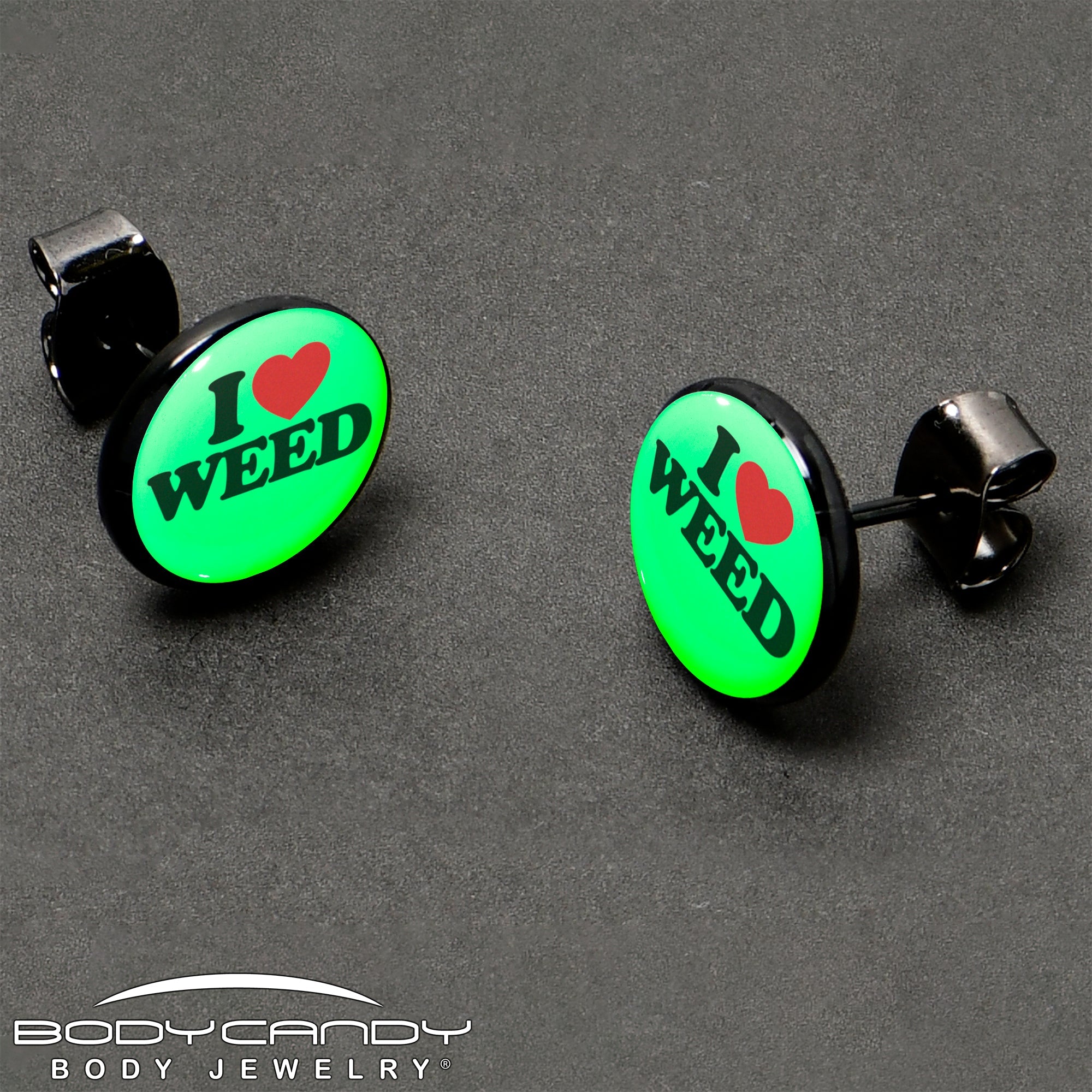 BodyCandy Black Anodized I Love Weed Glow in the Dark Stud Earrings by Onyx O — size reference