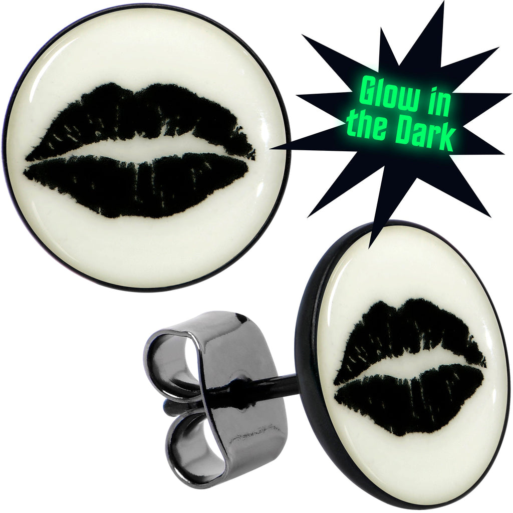 BodyCandy Black Anodized Steel Lipstick Kiss Mark Glow in the Dark Stud Earrings by Onyx O — main product shot