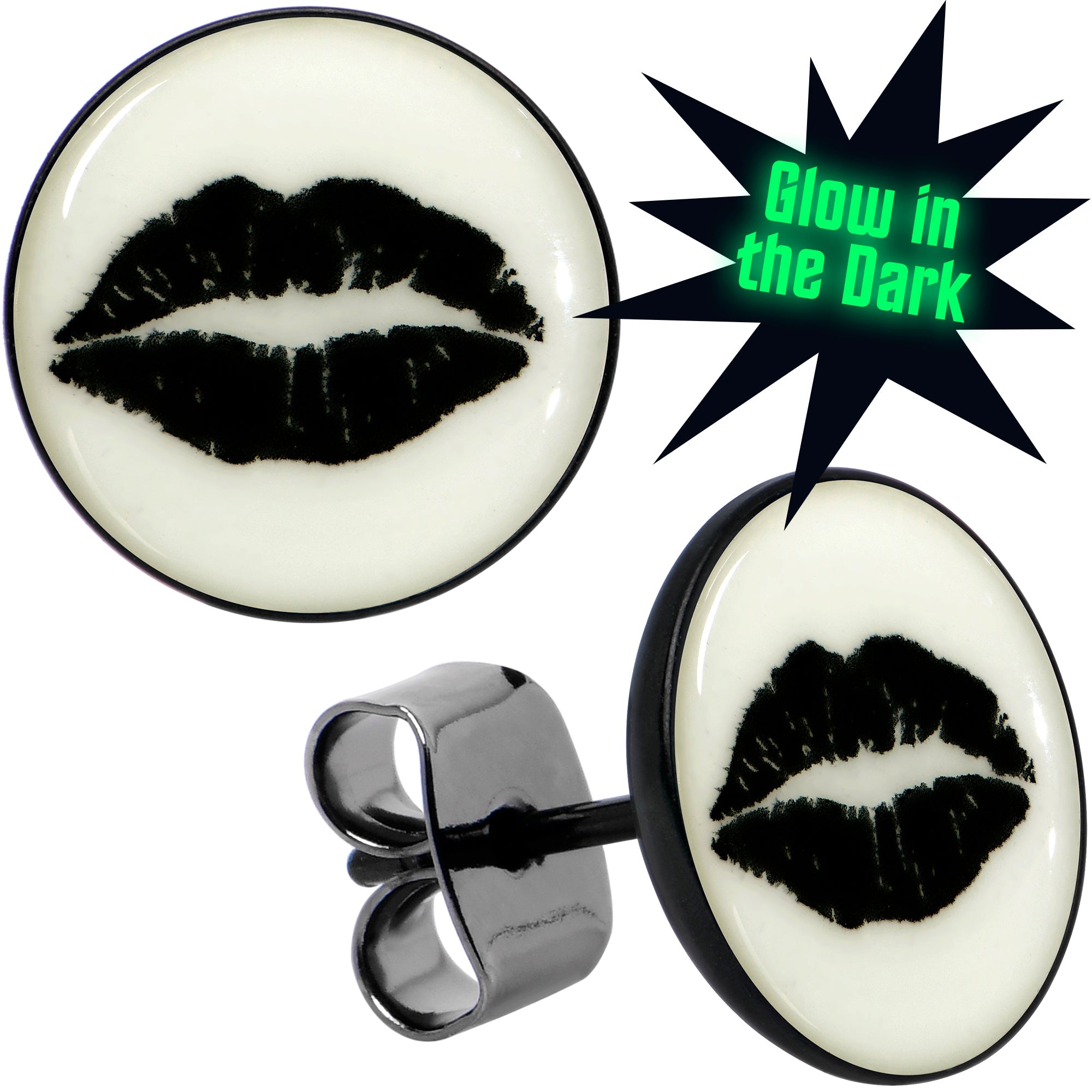 BodyCandy Black Anodized Steel Lipstick Kiss Mark Glow in the Dark Stud Earrings by Onyx O — main product shot