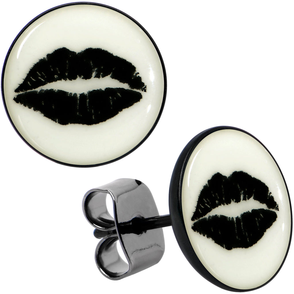 BodyCandy Black Anodized Steel Lipstick Kiss Mark Glow in the Dark Stud Earrings by Onyx O — side view