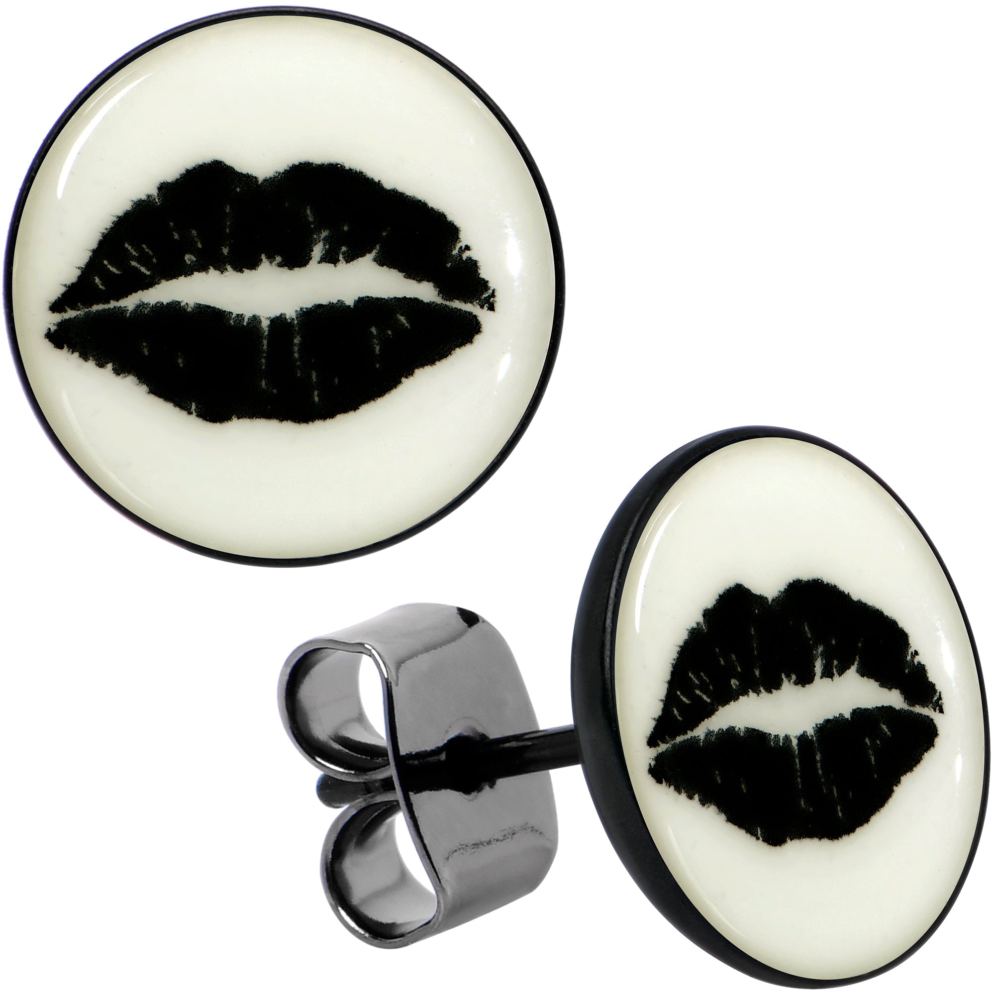 BodyCandy Black Anodized Steel Lipstick Kiss Mark Glow in the Dark Stud Earrings by Onyx O — side view