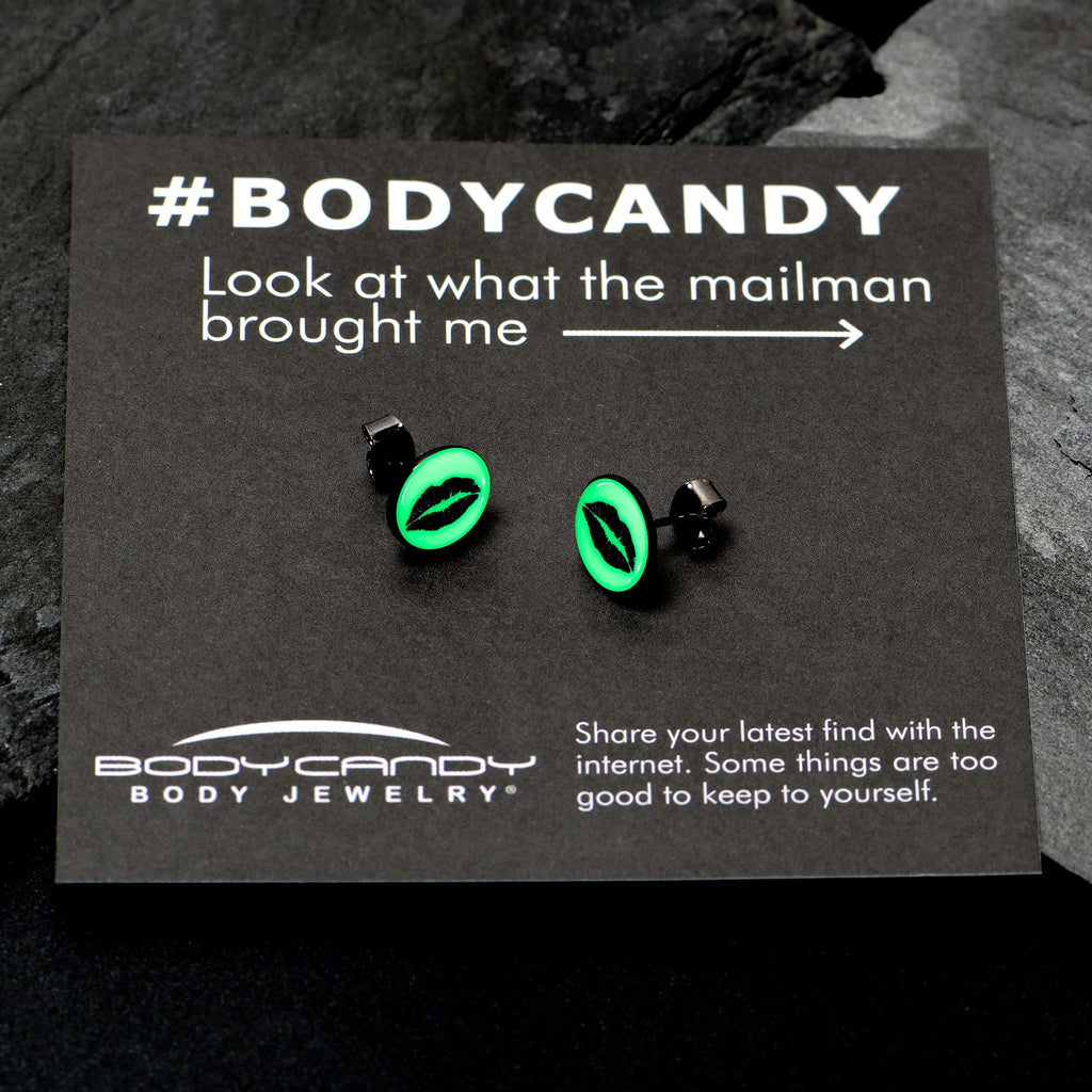 BodyCandy Black Anodized Steel Lipstick Kiss Mark Glow in the Dark Stud Earrings by Onyx O — back view
