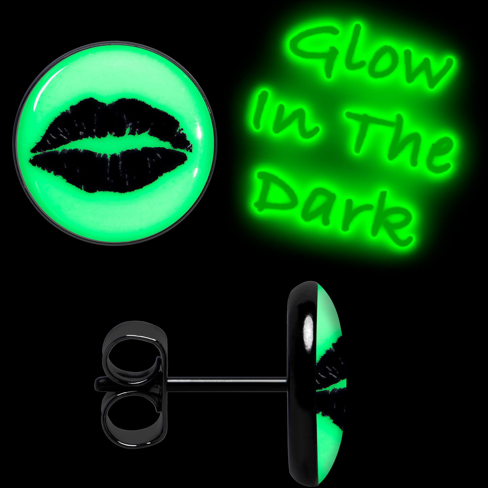 BodyCandy Black Anodized Steel Lipstick Kiss Mark Glow in the Dark Stud Earrings by Onyx O — alternative angle