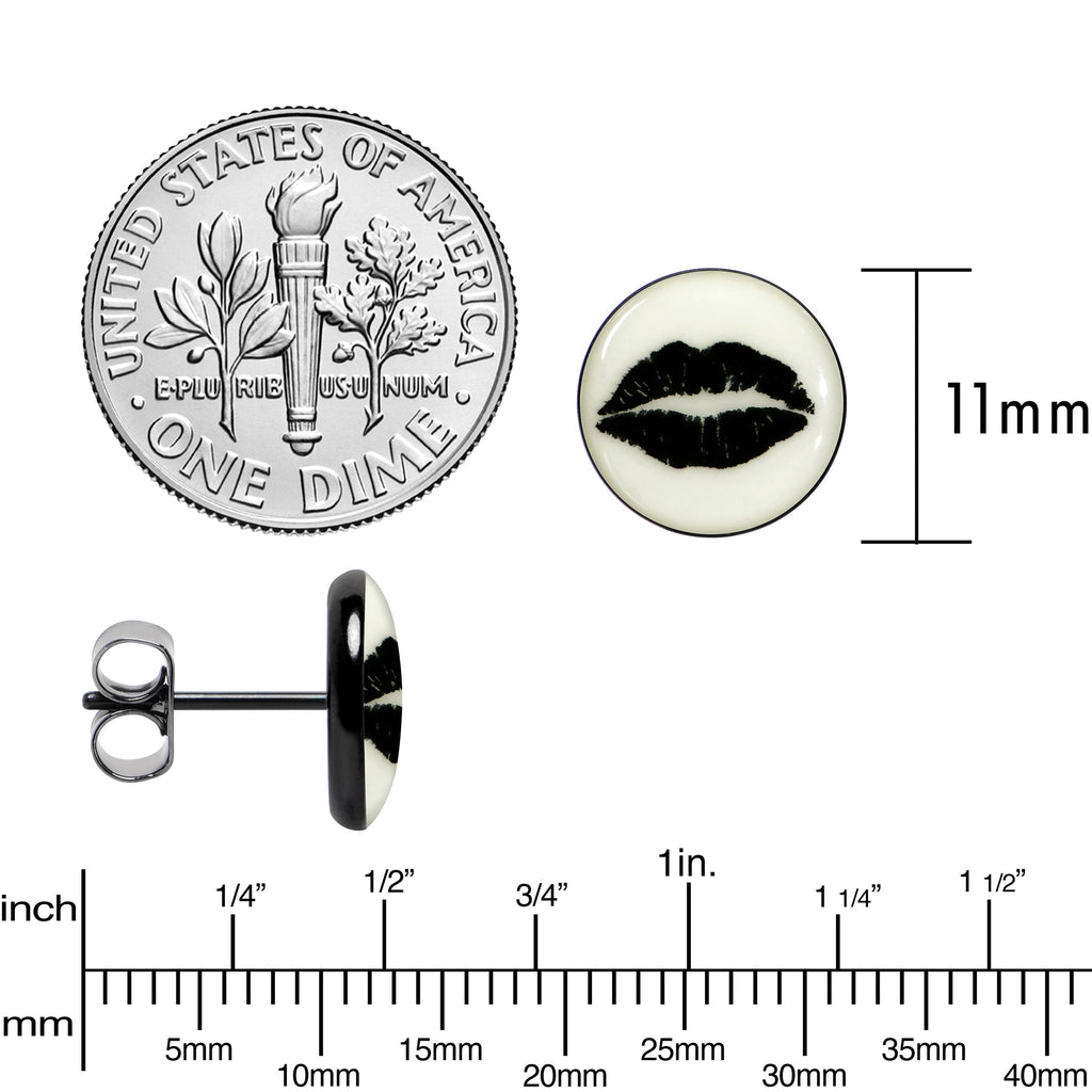 BodyCandy Black Anodized Steel Lipstick Kiss Mark Glow in the Dark Stud Earrings by Onyx O — color detail