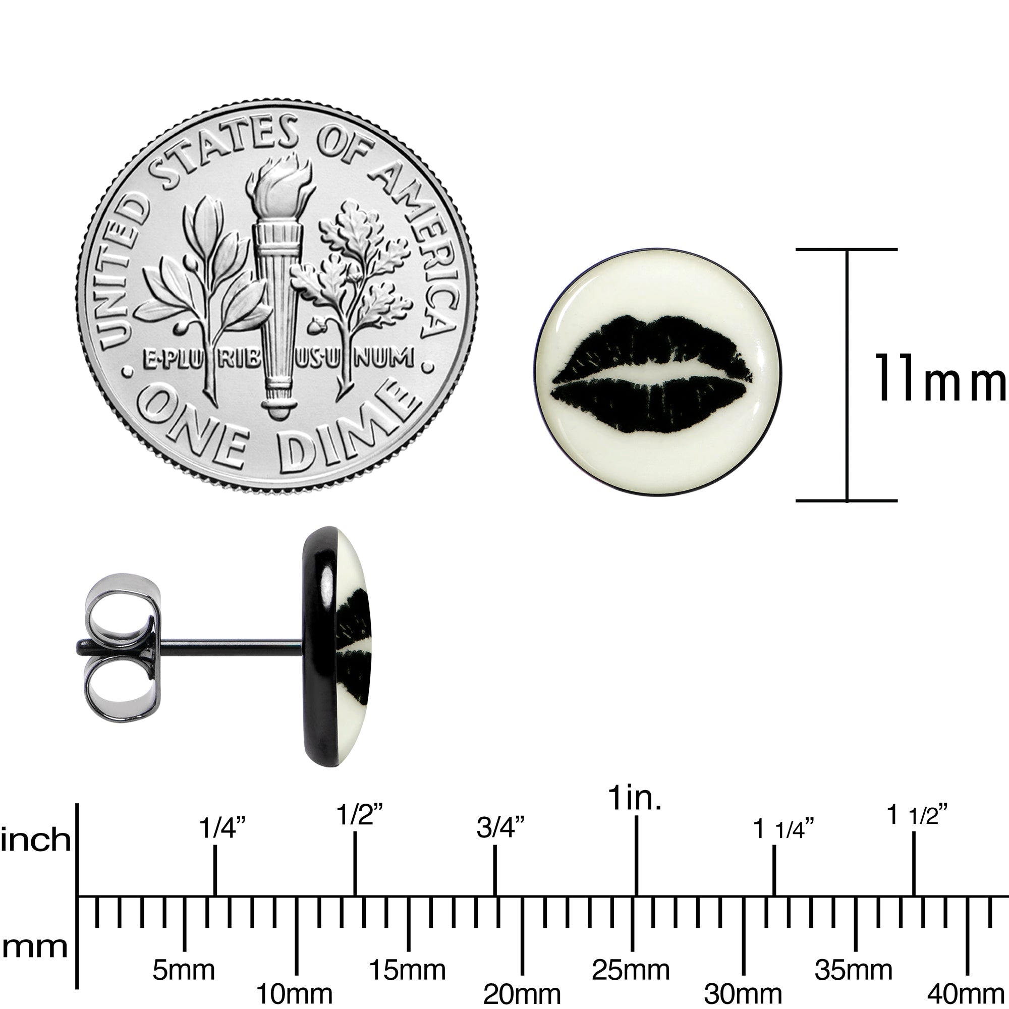 BodyCandy Black Anodized Steel Lipstick Kiss Mark Glow in the Dark Stud Earrings by Onyx O — color detail
