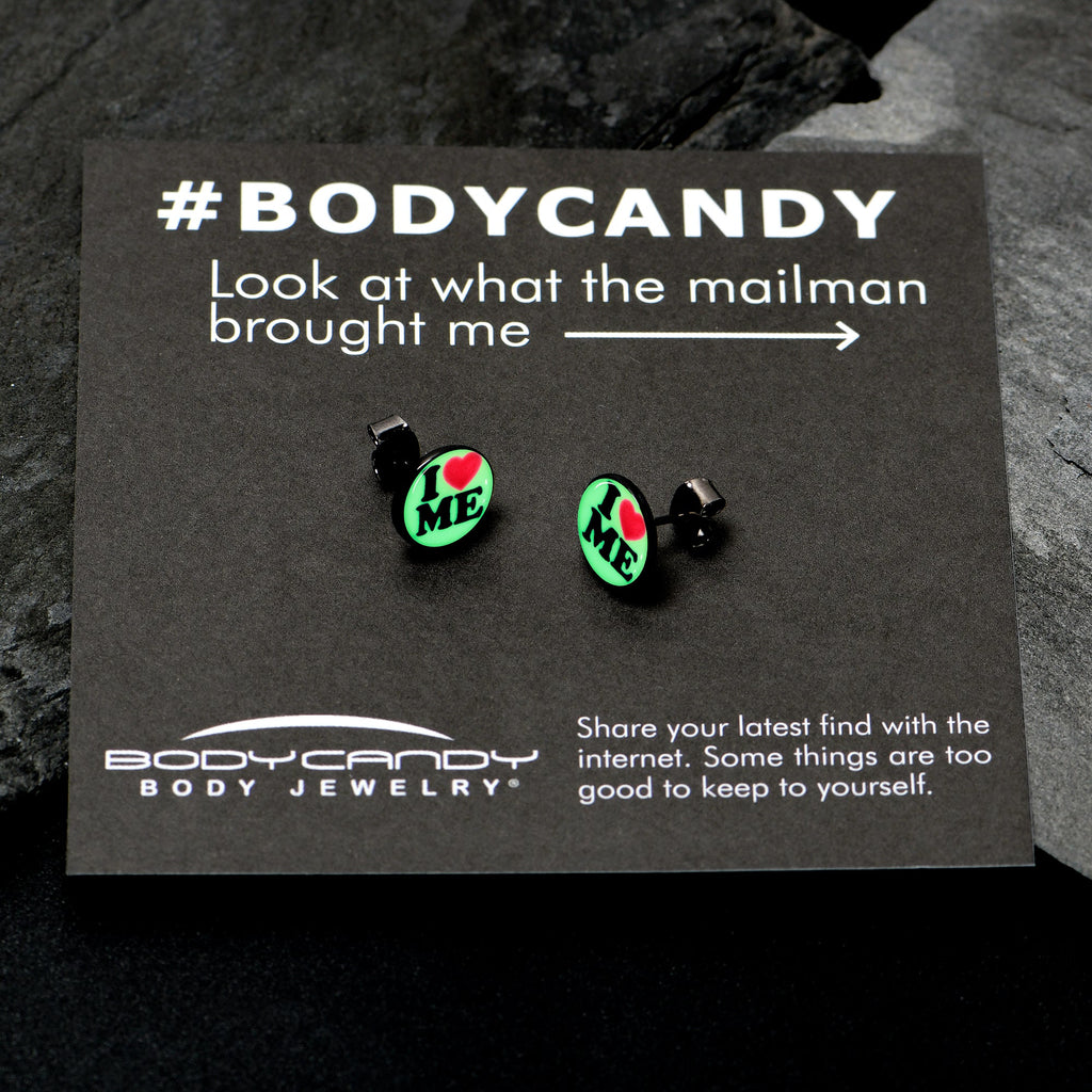 BodyCandy Black Anodized Steel Glow in the Dark Stud Earrings by Onyx O — back view