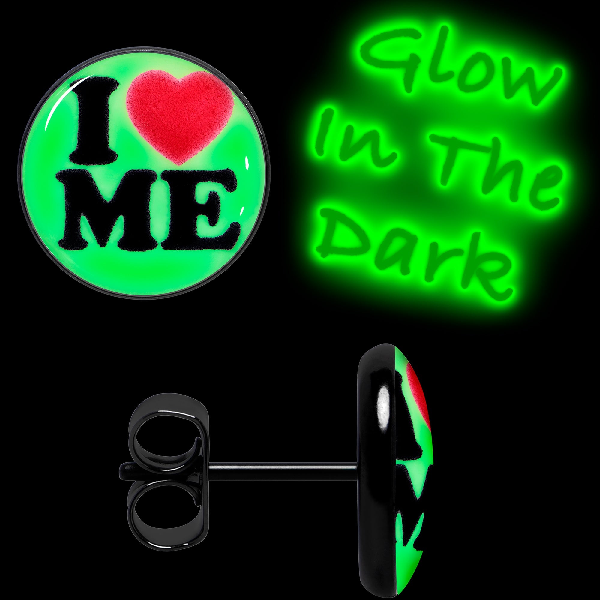 BodyCandy Black Anodized Steel Glow in the Dark Stud Earrings by Onyx O — alternative angle