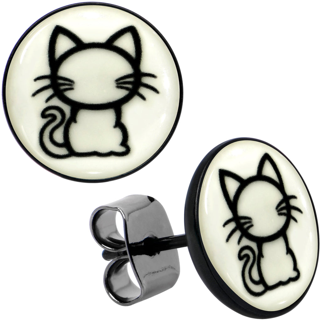 BodyCandy Black Anodized Kitty Cat Glow in the Dark Stud Earrings by Onyx O — main product shot
