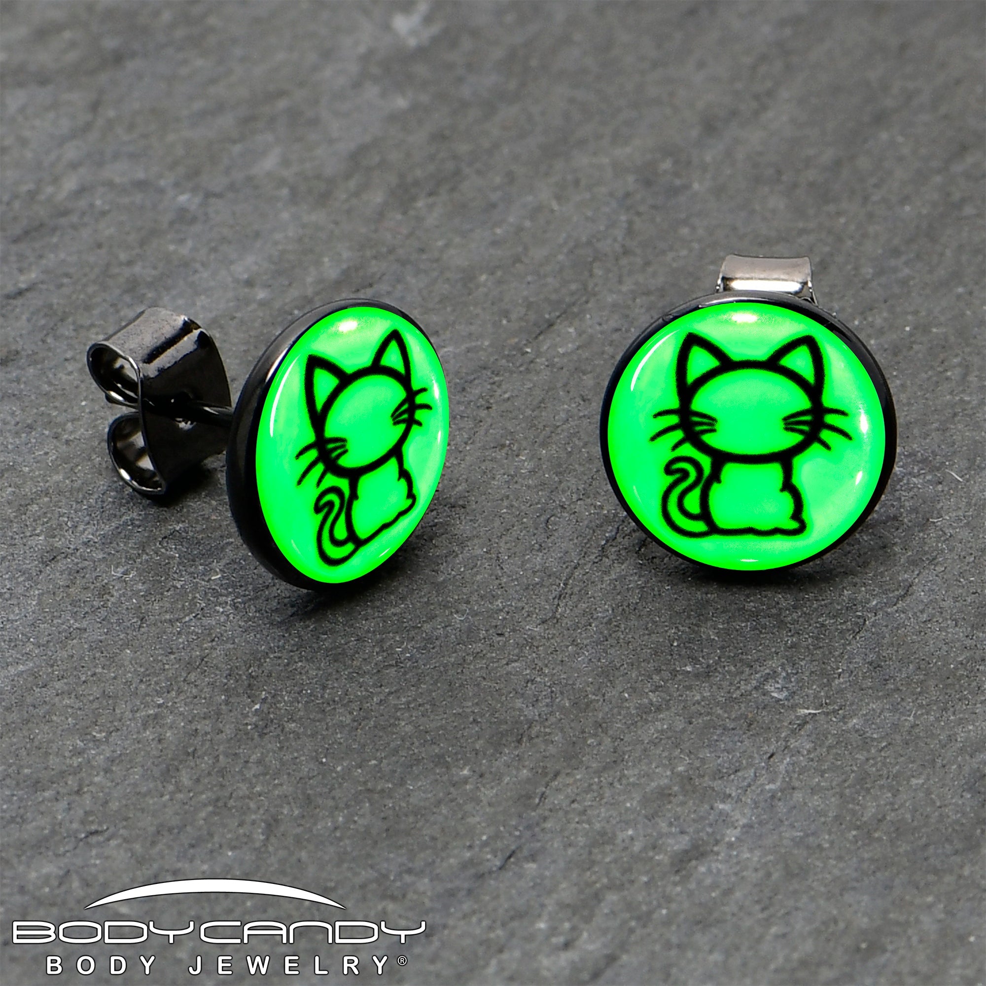 BodyCandy Black Anodized Kitty Cat Glow in the Dark Stud Earrings by Onyx O — side view