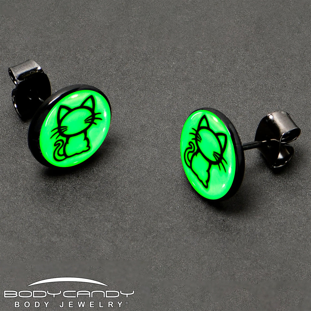 BodyCandy Black Anodized Kitty Cat Glow in the Dark Stud Earrings by Onyx O — size reference