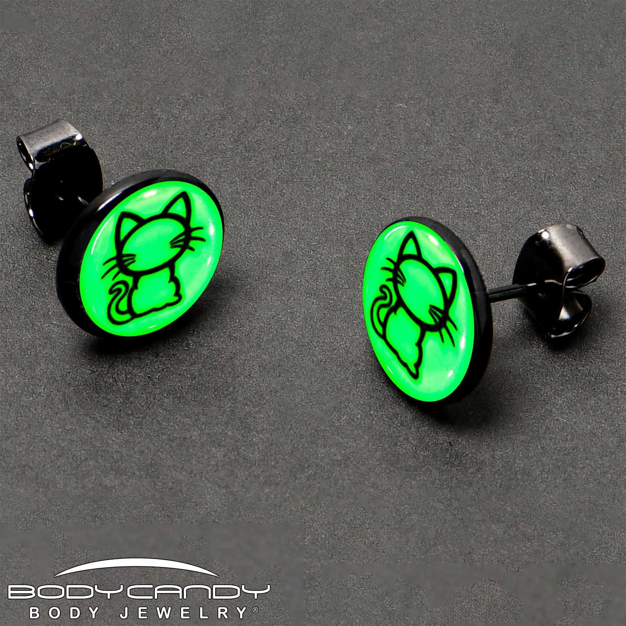 BodyCandy Black Anodized Kitty Cat Glow in the Dark Stud Earrings by Onyx O — size reference