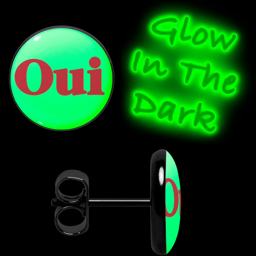 BodyCandy Black Anodized OUI Glow in the Dark Stud Earrings by Onyx O — lifestyle context