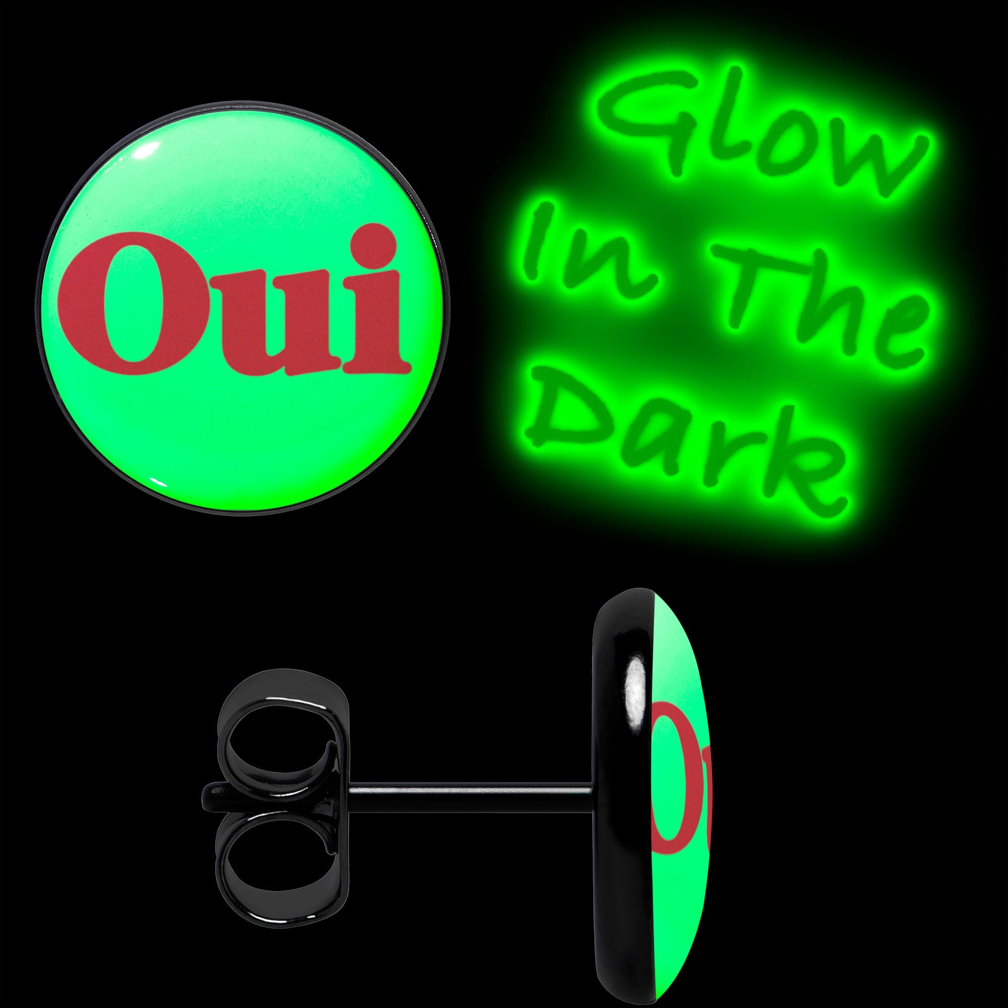 BodyCandy Black Anodized OUI Glow in the Dark Stud Earrings by Onyx O — lifestyle context