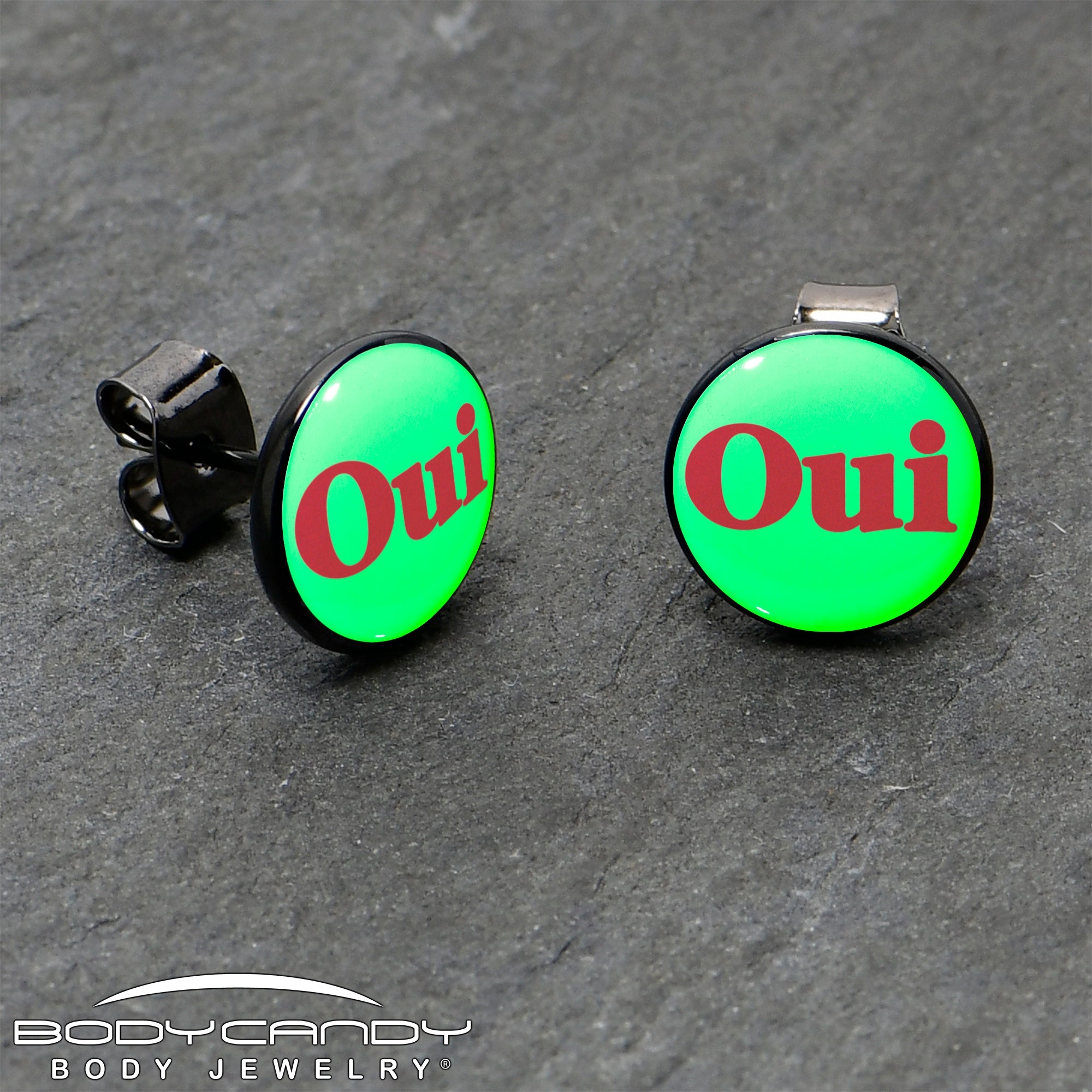 BodyCandy Black Anodized OUI Glow in the Dark Stud Earrings by Onyx O — side view