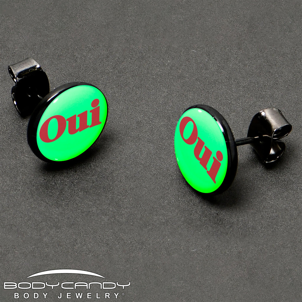 BodyCandy Black Anodized OUI Glow in the Dark Stud Earrings by Onyx O — size reference