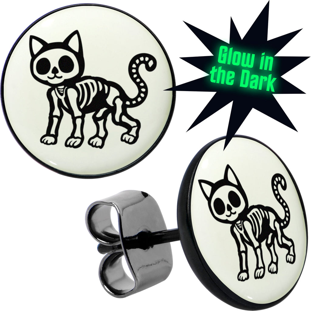 BodyCandy Black Anodized Skeleton Kitty Cat Glow in the Dark Stud Earrings by Onyx O — main product shot