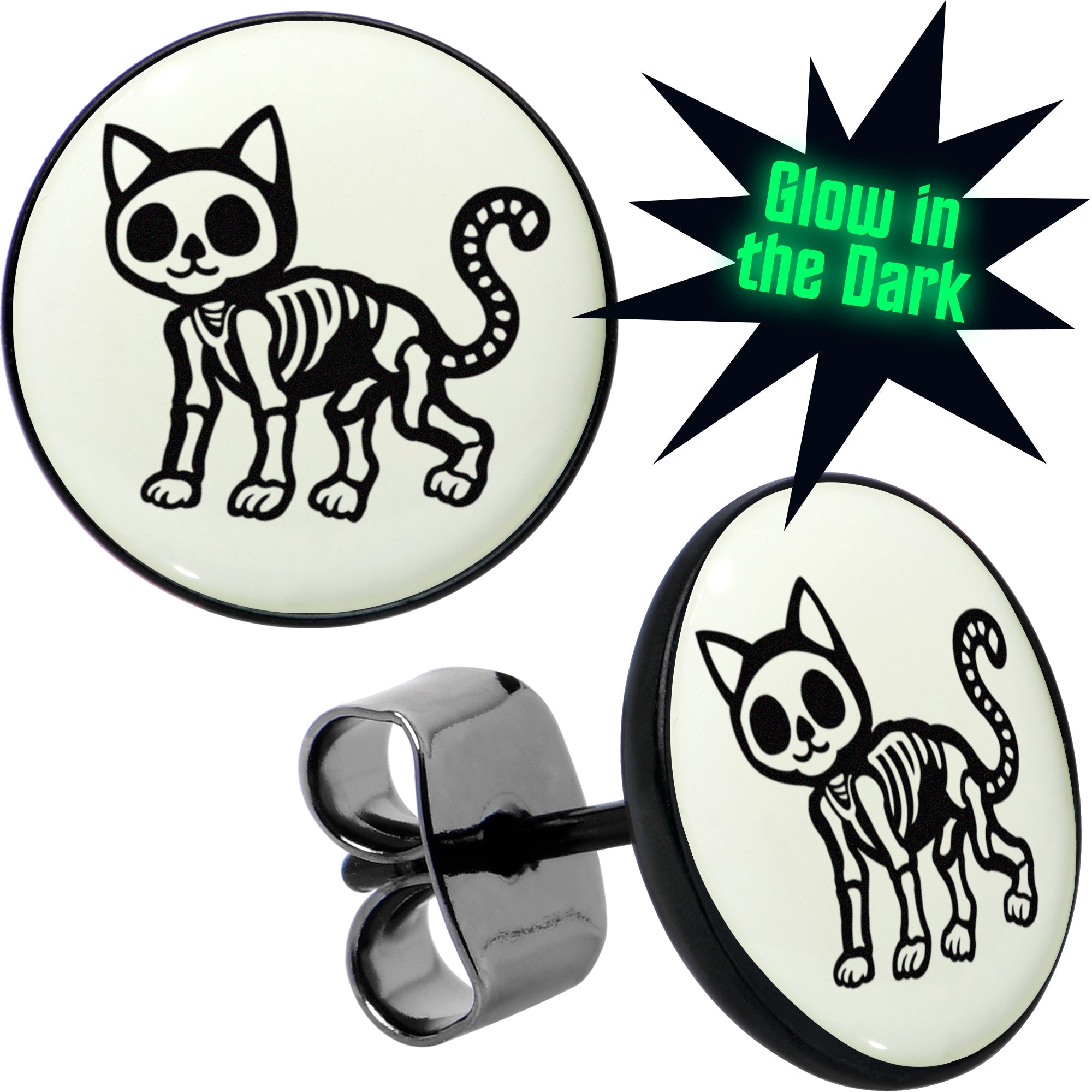 BodyCandy Black Anodized Skeleton Kitty Cat Glow in the Dark Stud Earrings by Onyx O — main product shot