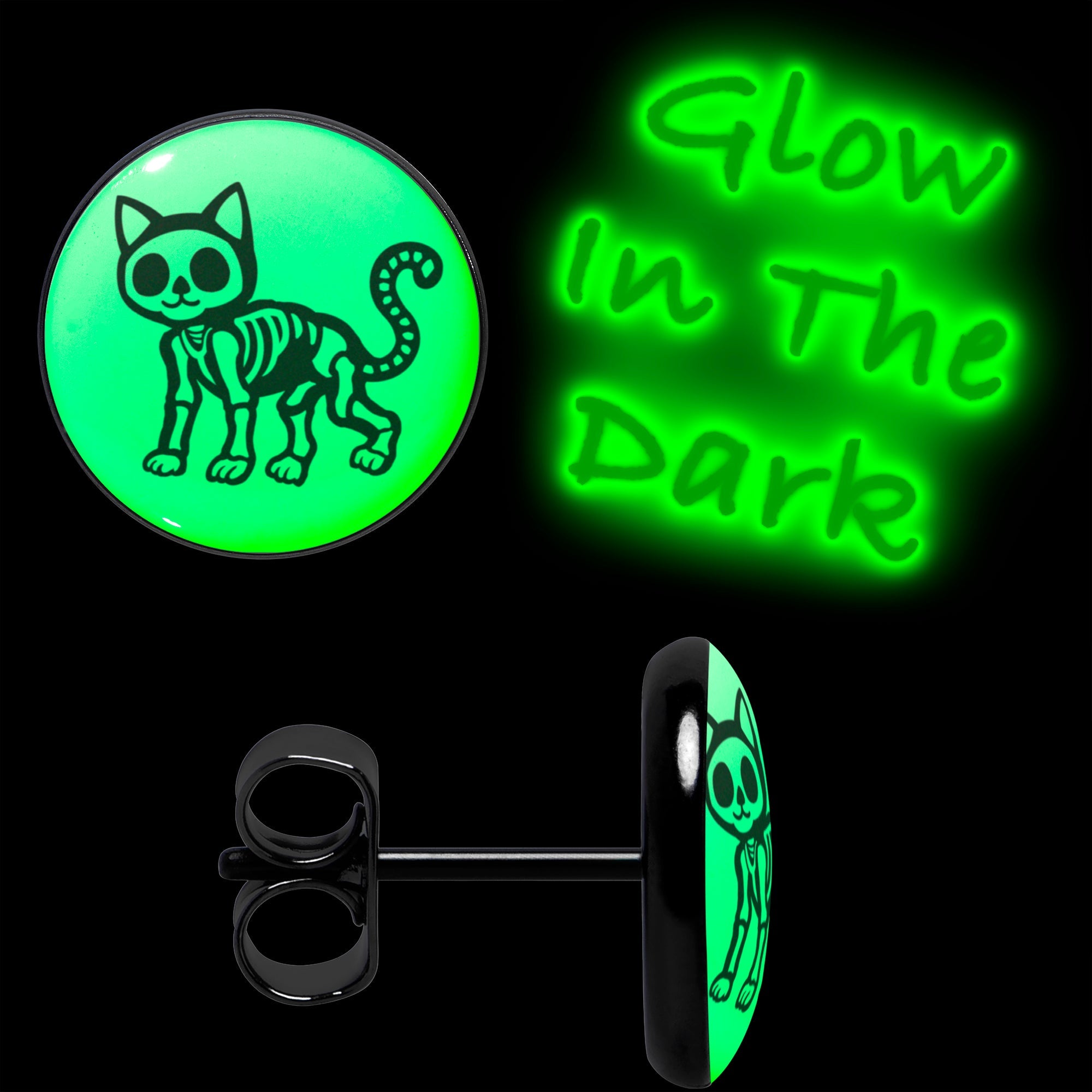BodyCandy Black Anodized Skeleton Kitty Cat Glow in the Dark Stud Earrings by Onyx O — lifestyle context
