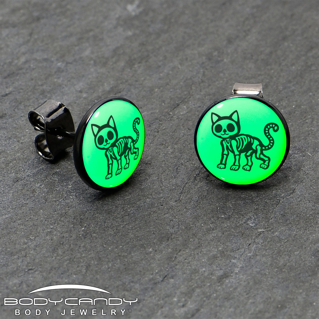 BodyCandy Black Anodized Skeleton Kitty Cat Glow in the Dark Stud Earrings by Onyx O — side view