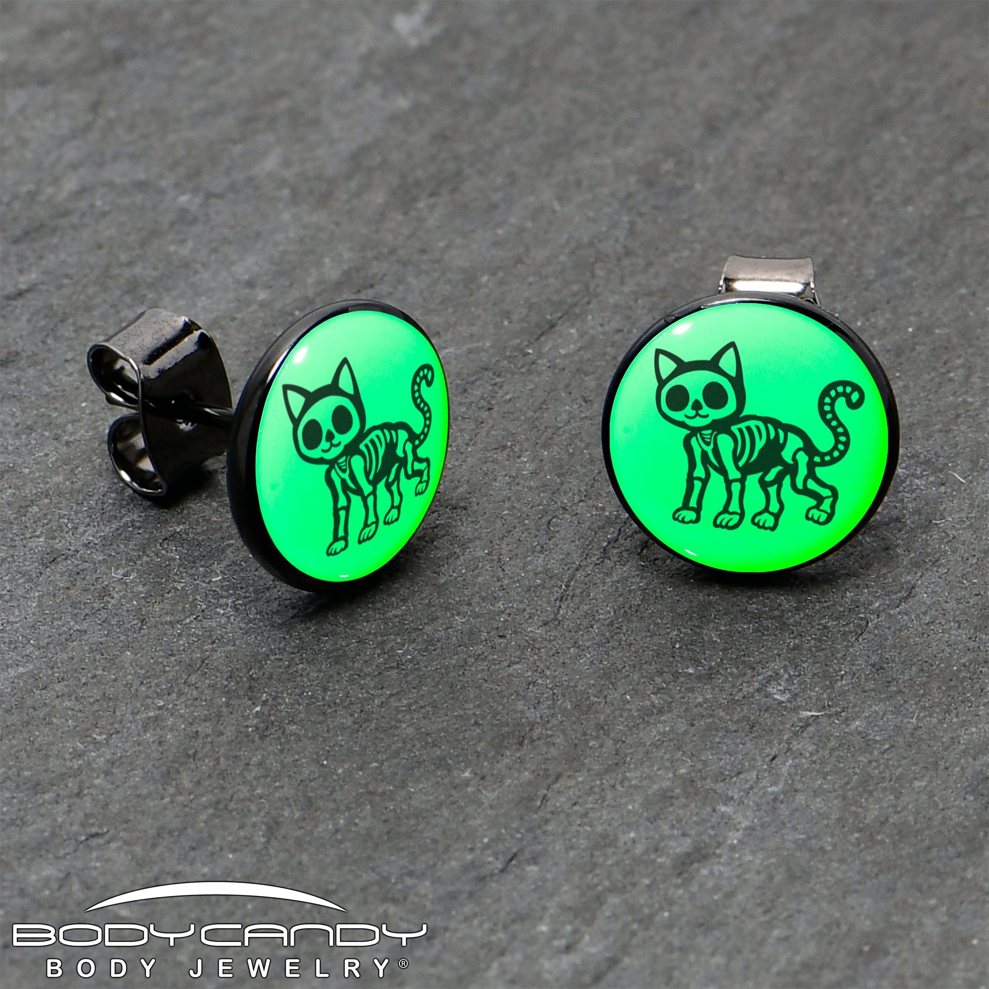 BodyCandy Black Anodized Skeleton Kitty Cat Glow in the Dark Stud Earrings by Onyx O — side view
