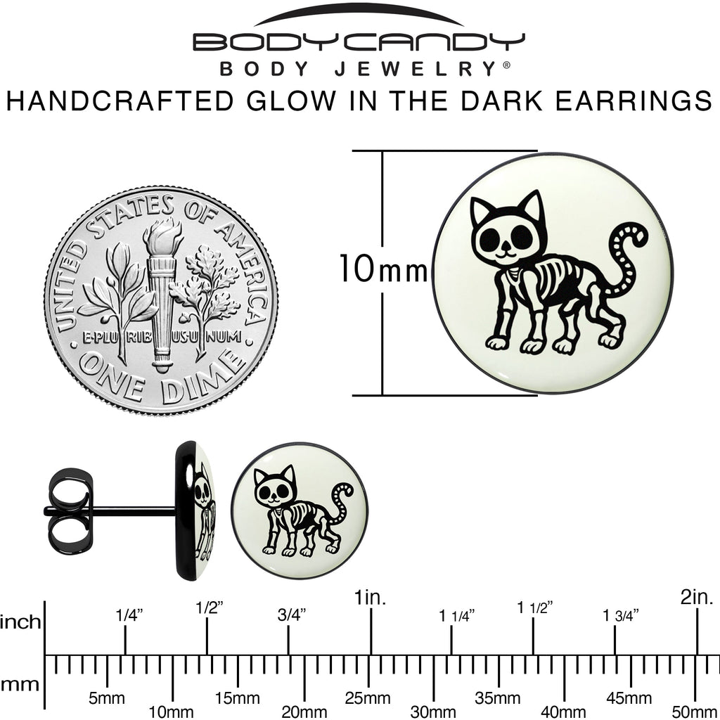 BodyCandy Black Anodized Skeleton Kitty Cat Glow in the Dark Stud Earrings by Onyx O — alternative angle