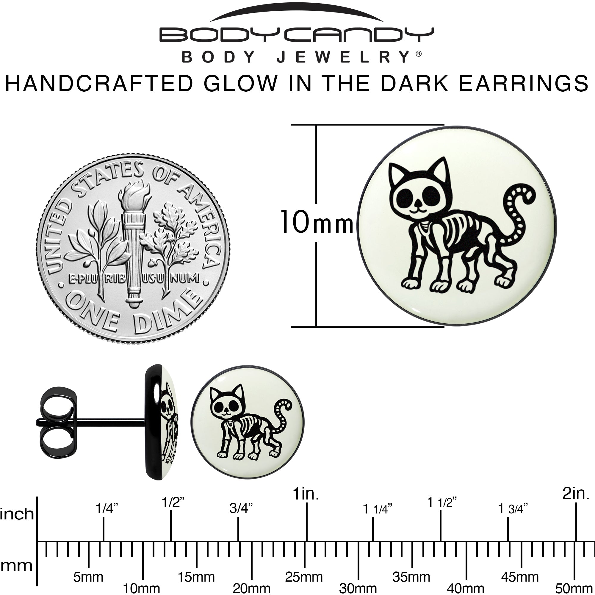 BodyCandy Black Anodized Skeleton Kitty Cat Glow in the Dark Stud Earrings by Onyx O — alternative angle