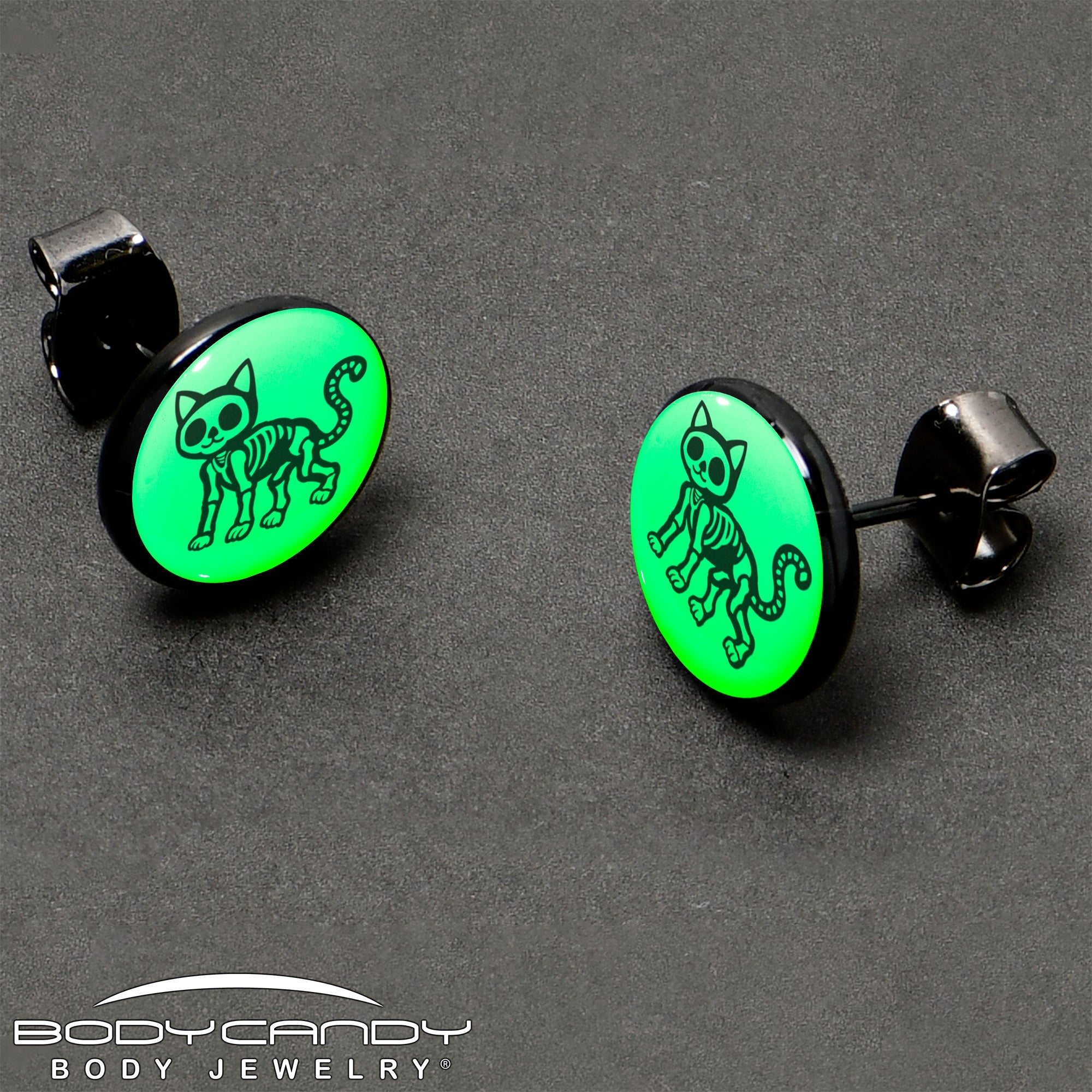 BodyCandy Black Anodized Skeleton Kitty Cat Glow in the Dark Stud Earrings by Onyx O — size reference
