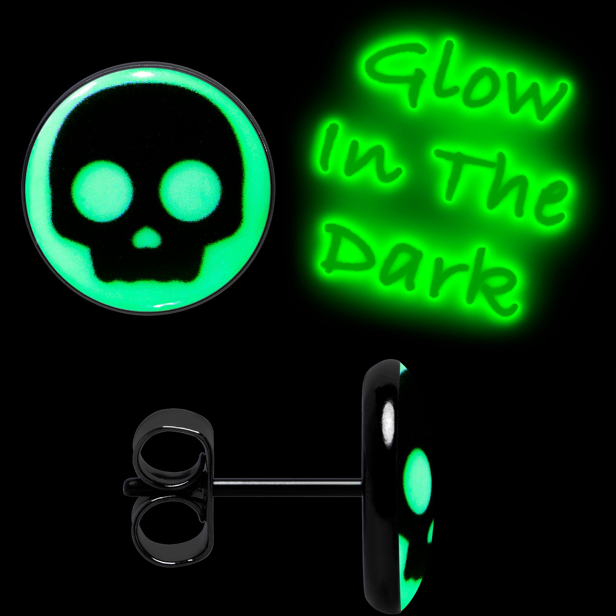 BodyCandy Simple Skull Glow in the Dark Stud Earrings by Onyx O — lifestyle context